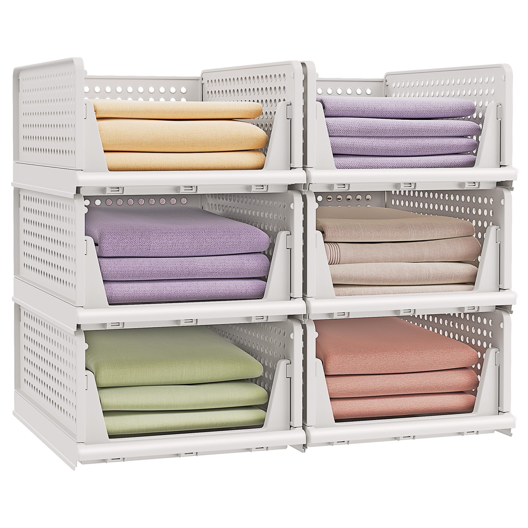 SONGMICS Foldable Closet Storage, Stackable Closet Organizer, Set of 6 Drawer Organizer for Clothes, HomeOrganization, Office, Bathroom, White ULPC600WZ01