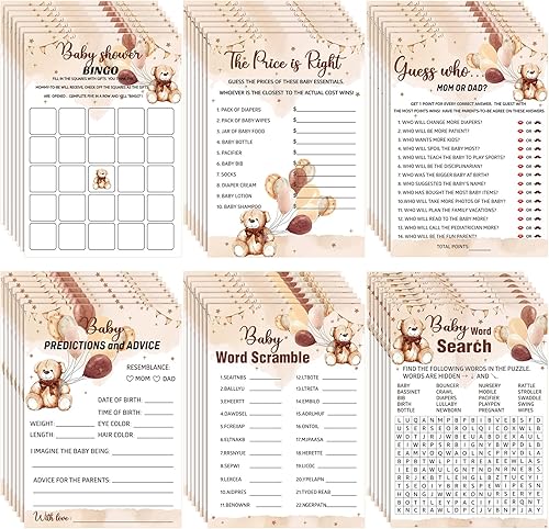 Jetec 302 piezas Juego de mesa para baby shower con osos, incluye 6 juegos Baby Shower Word Scramble, Word Search, Predictions and Advice, The Price