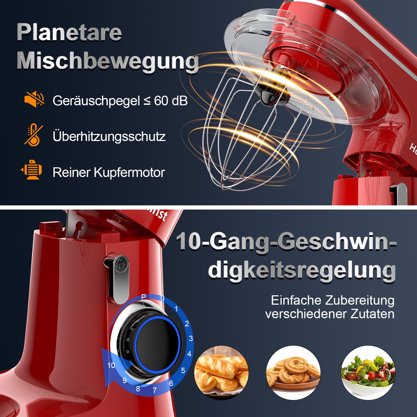 Honinst Robot de cocina, amasadora, 1400 W, 10 niveles, amasadora de masa, batidora con cuenco de acero inoxidable de 6 L, batidor, gancho para amasar, batidor y protección contra salpicaduras para
