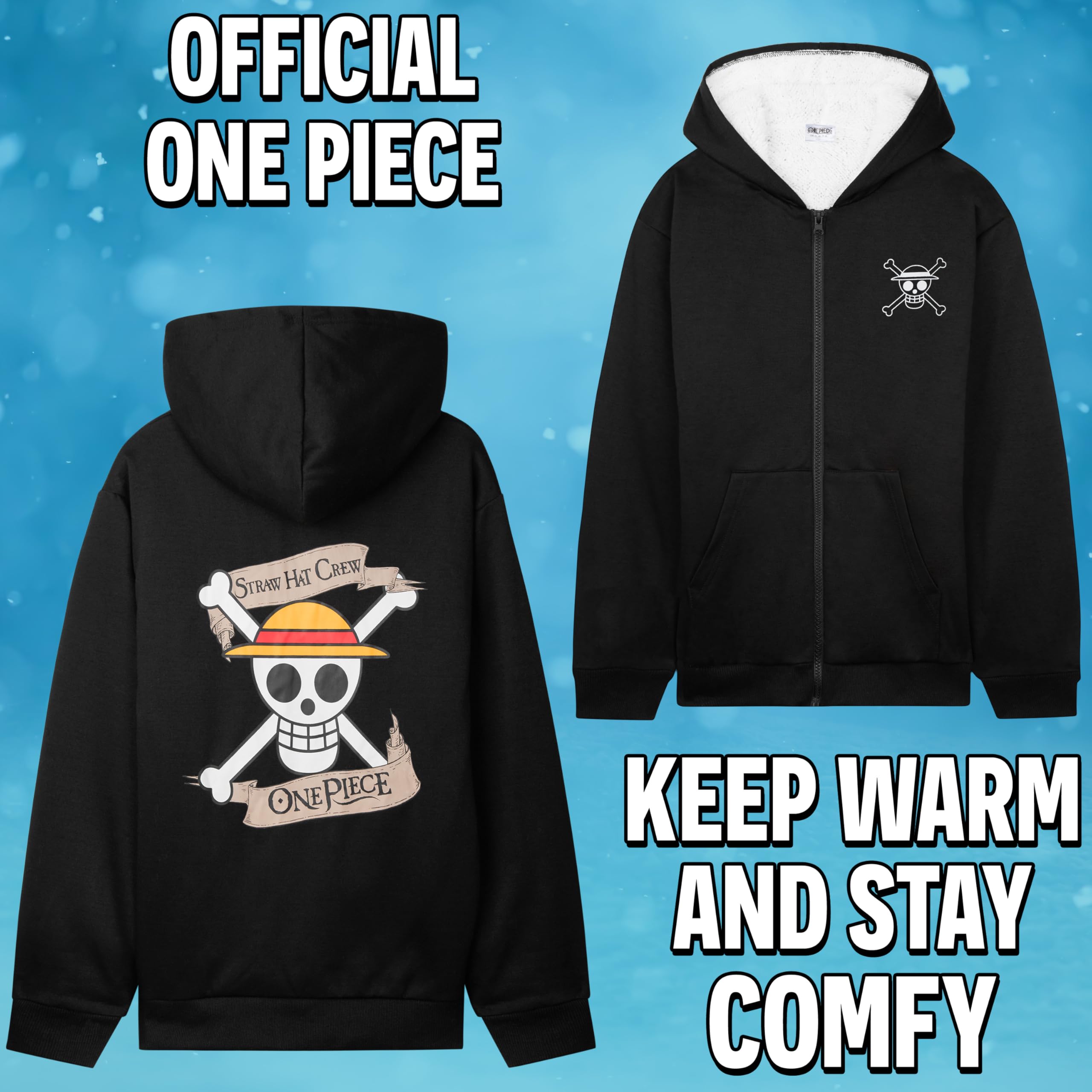 One Piece Sweat à Capuche Enfant et Ado 9-16 Ans, Sweat Zippé Sherpa Polaire Chaud Noir, Hoodie Manga Cosy Cadeau Garçon