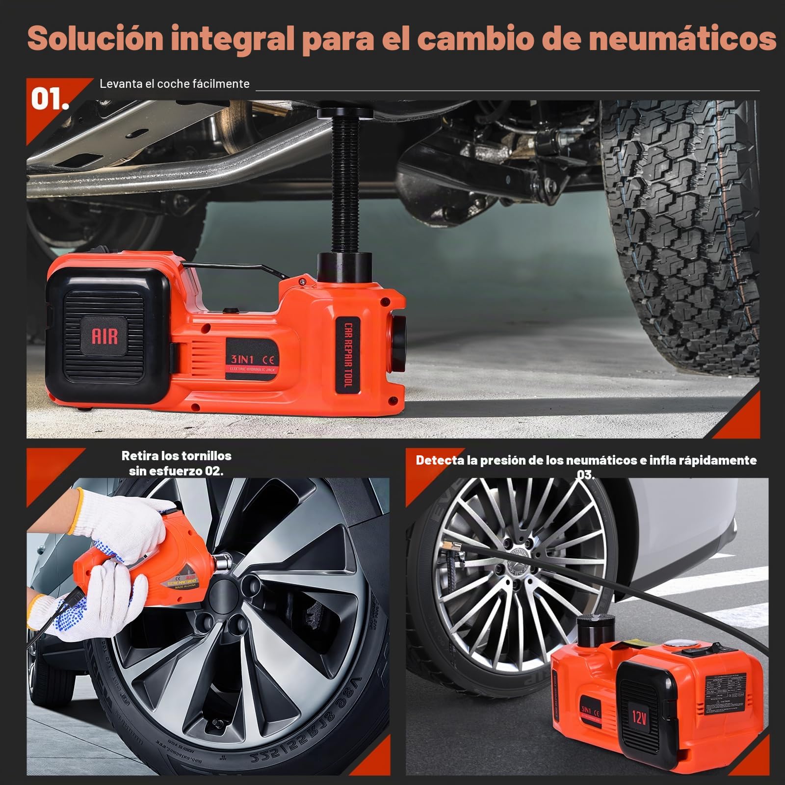 Gato hidráulico eléctrico 5T, gato hidráulico con llave de impacto eléctrico, rango de elevación 15-53 cm, cargador con bomba inflable y luz LED para coche, SUV, sedán, MPV