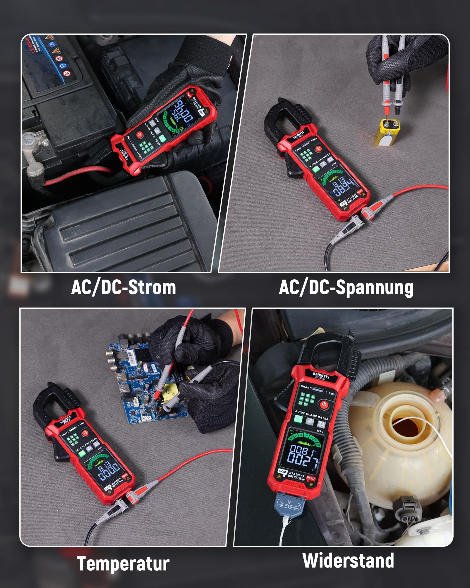 KAIWEETS Stromzange 600A TRMS, Digitale Strommesszange mit Auto-Messung, 6000 Counts, AC/DC Strom & Spannung, NCV, Einschaltstrom, Widerstand, Kapazität, Temperatur, Dioden- & Durchgangsprüfung