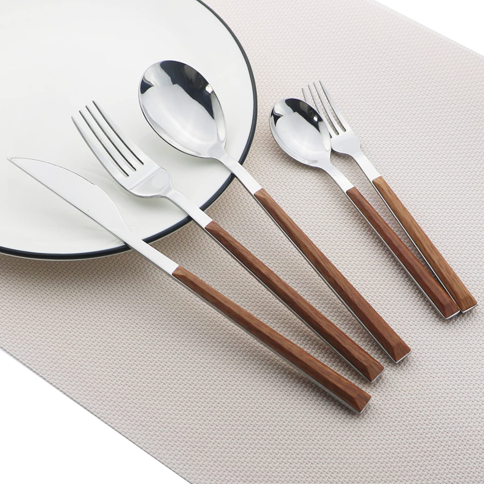 Juegos De Cubertería Juego De Vajilla De Acero Inoxidable Con Mango De Madera De Imitación Cuchillo De Cocina Tenedor Cuchara Juego De Vajilla 30Uds. De Madera