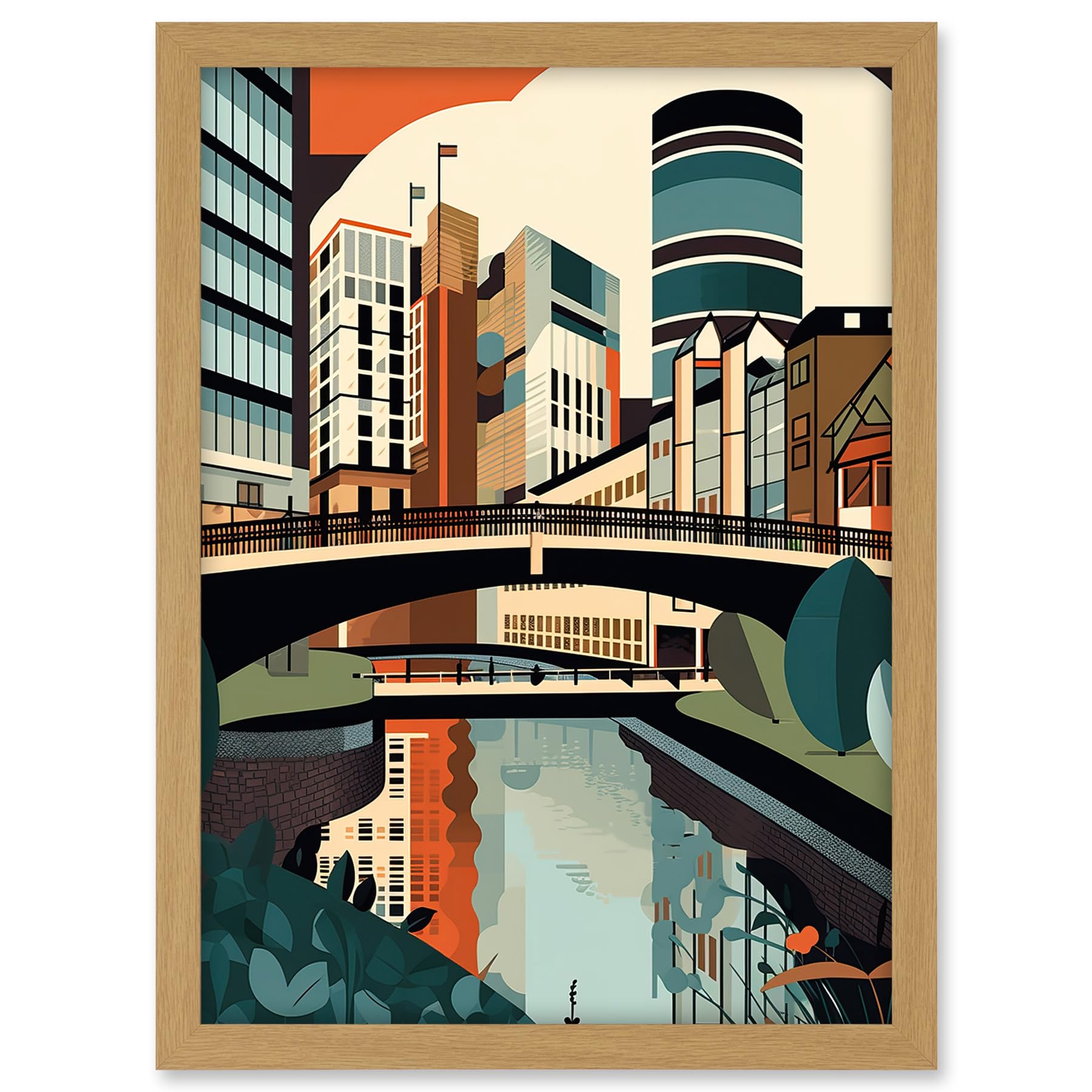 Artery8 Birmingham City Centre Canal Geometric Cityscape Artwork Framed A3 Wall Art Print