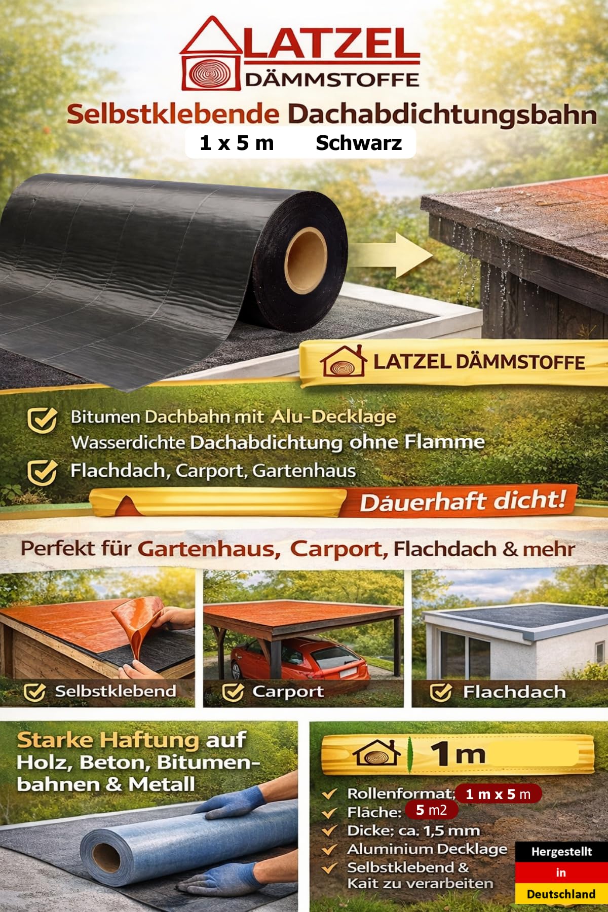 Selbstklebende Dachabdichtungsbahn 1 x 5 m Schwarz– Bitumen Dachbahn mit Aluminium-Decklage – wasserdichte Dachabdichtung ohne Flamme – für Carport, Gartenhaus & Flachdach Rolle 5 m²