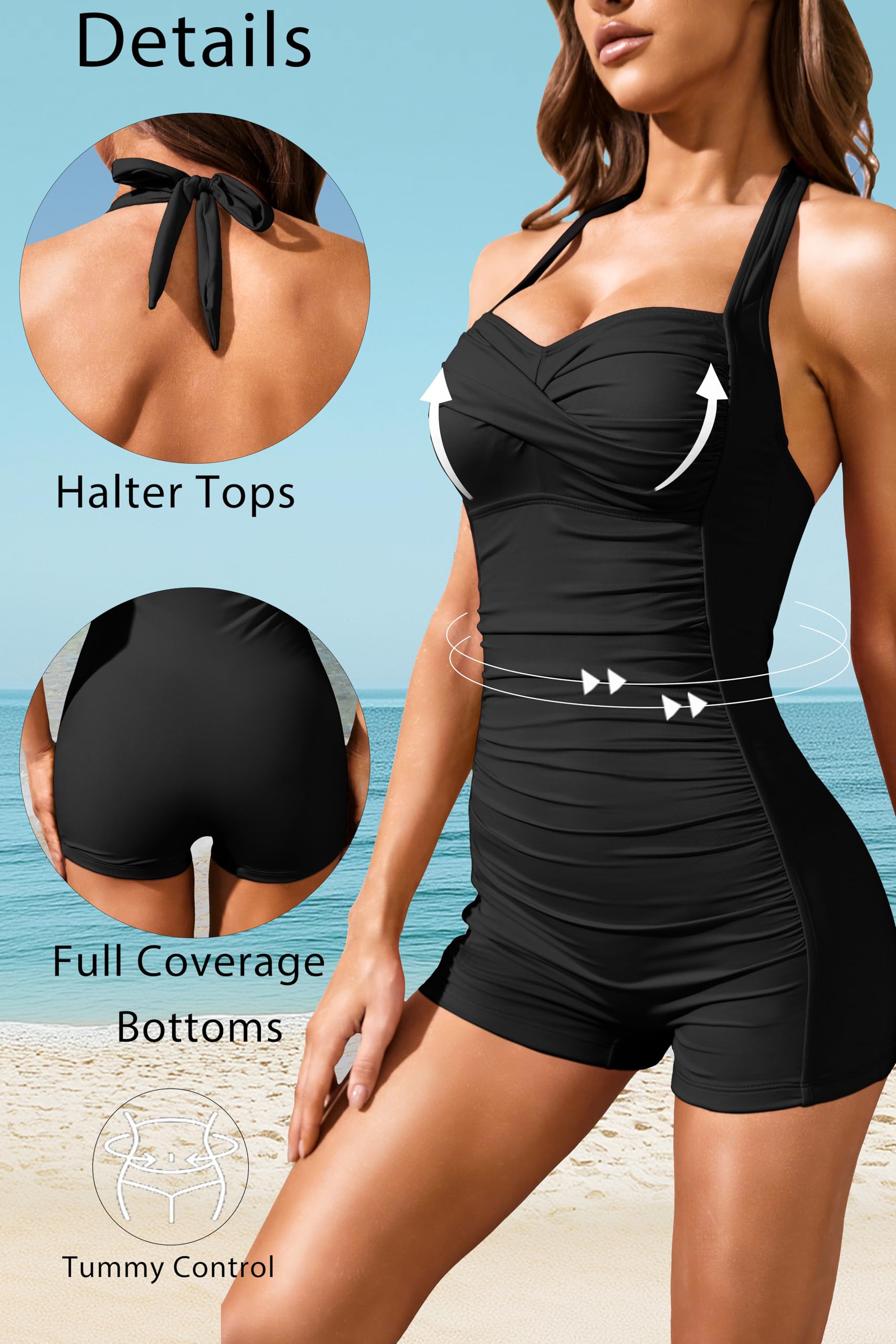 Tempt Me Traje de baño de una pieza con control de abdomen para mujer con pantalones cortos, traje de baño retro halter