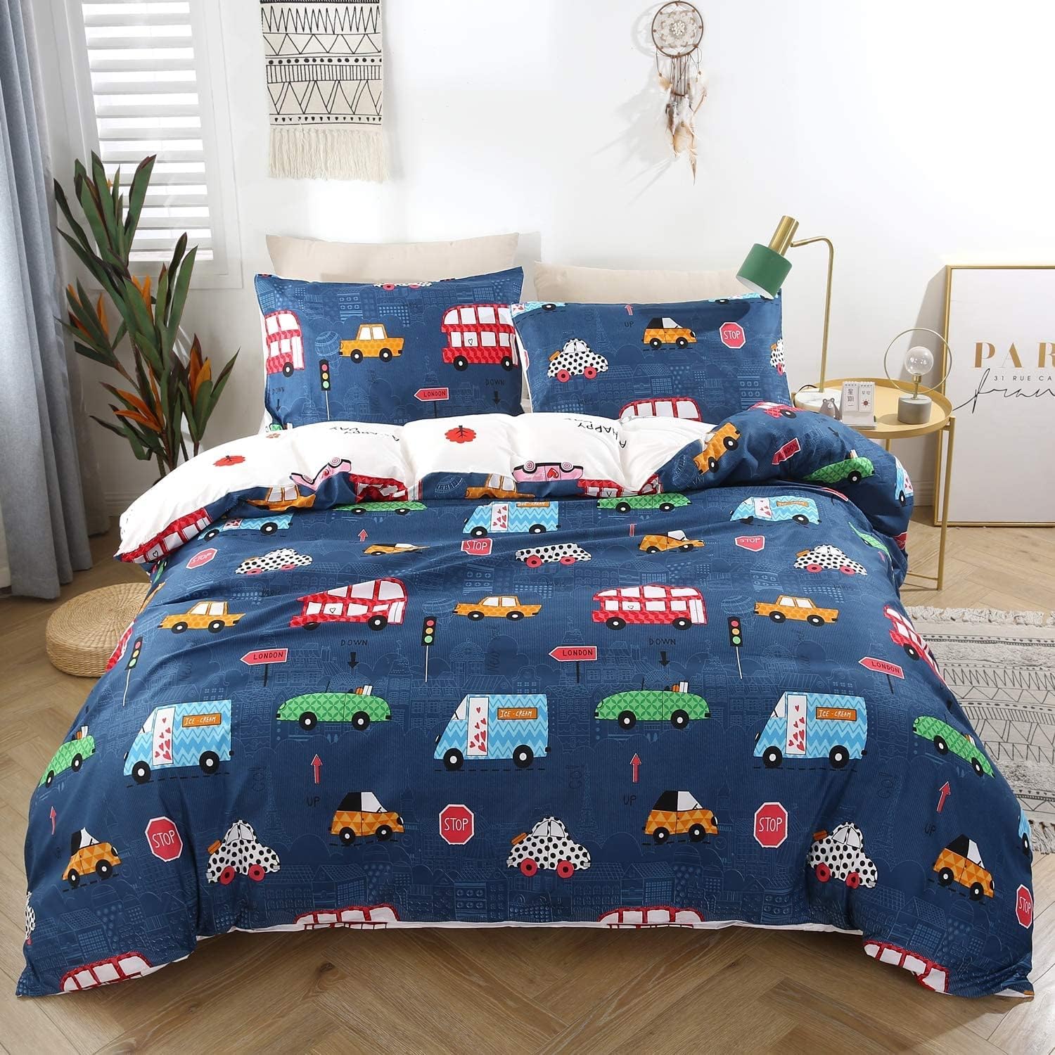 180 TC Kids Printed Cotton Double Bed Bedsheet with Two Pillow Covers_Size-90*90 inch (Bus & Car Design)