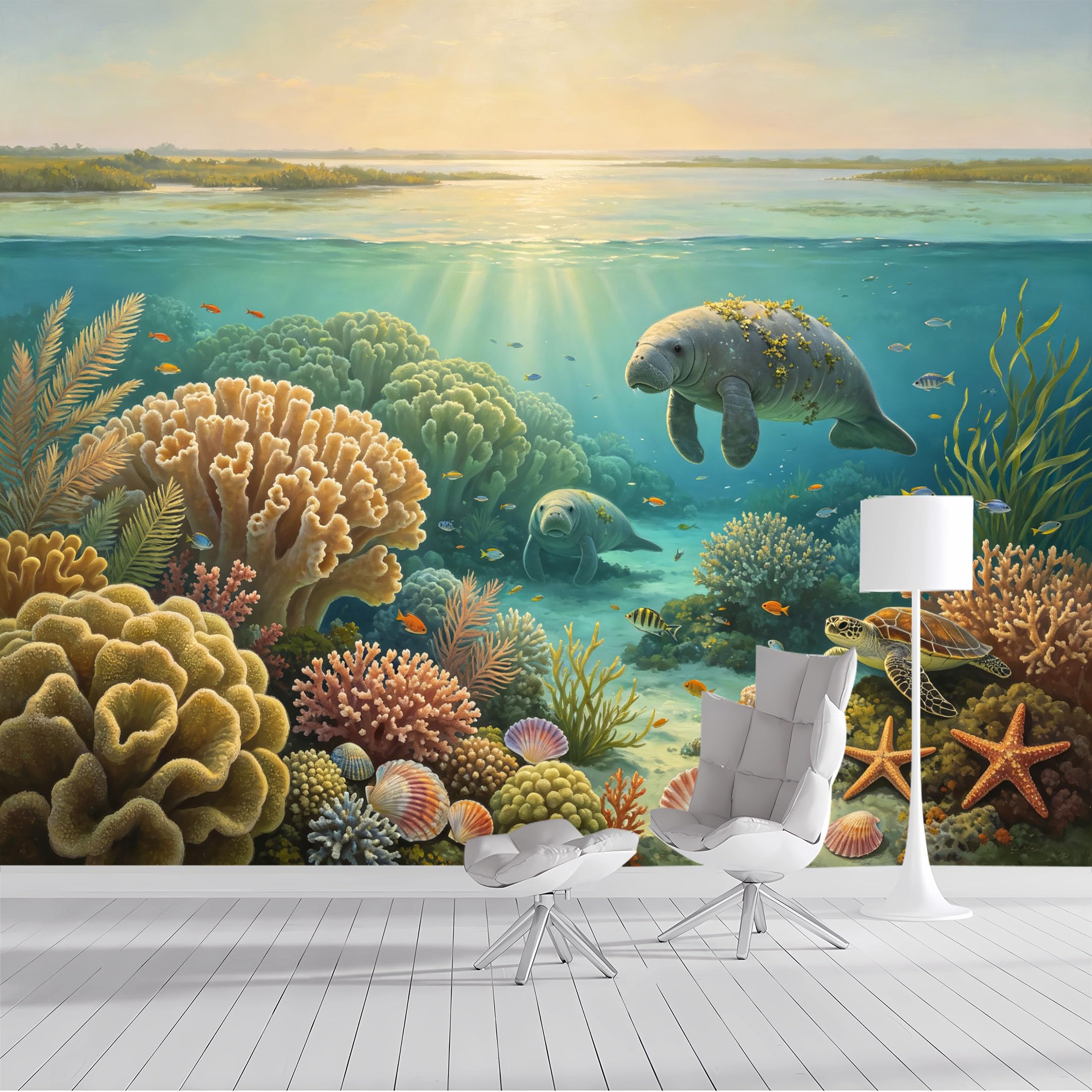 Custom Size Wall Mural Marine Life Coral Reef Manatee Underwater Ocean View Oil Painting SelfAdhesive Wall Fabric Removable Peel and Stick Wallpaper for Living Room Bedroom Bathroom