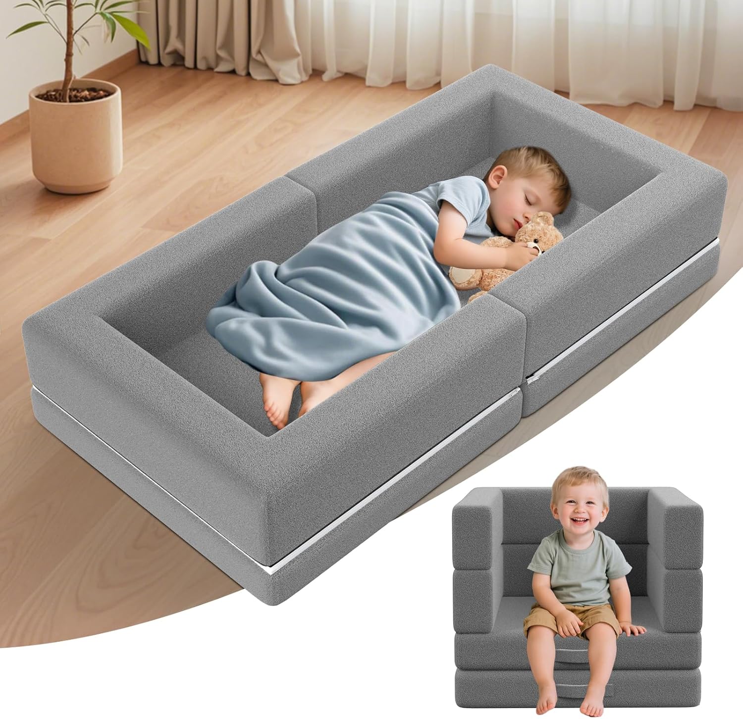 Portable Toddler Travel Bed: Foldable & Soft - 3-in-1 Convertible Portable Folding Floor Bed with Washable Cloth Cover - Ideal for Vacation,Camping and Sleepover?Grey?