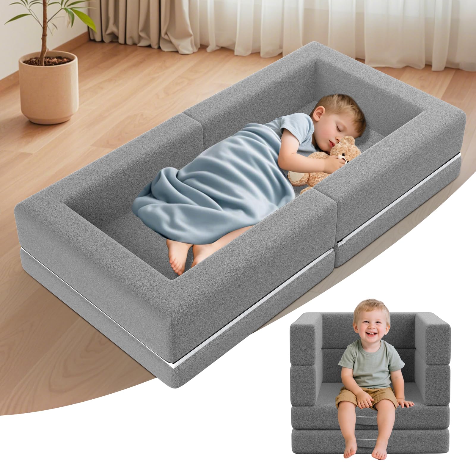 Abdtech Portable Toddler Travel Bed: Foldable & Soft - 3-in-1 Convertible Portable Folding Floor Bed with Washable Cloth Cover - Ideal for Vacation,Camping and Sleepover?Grey?