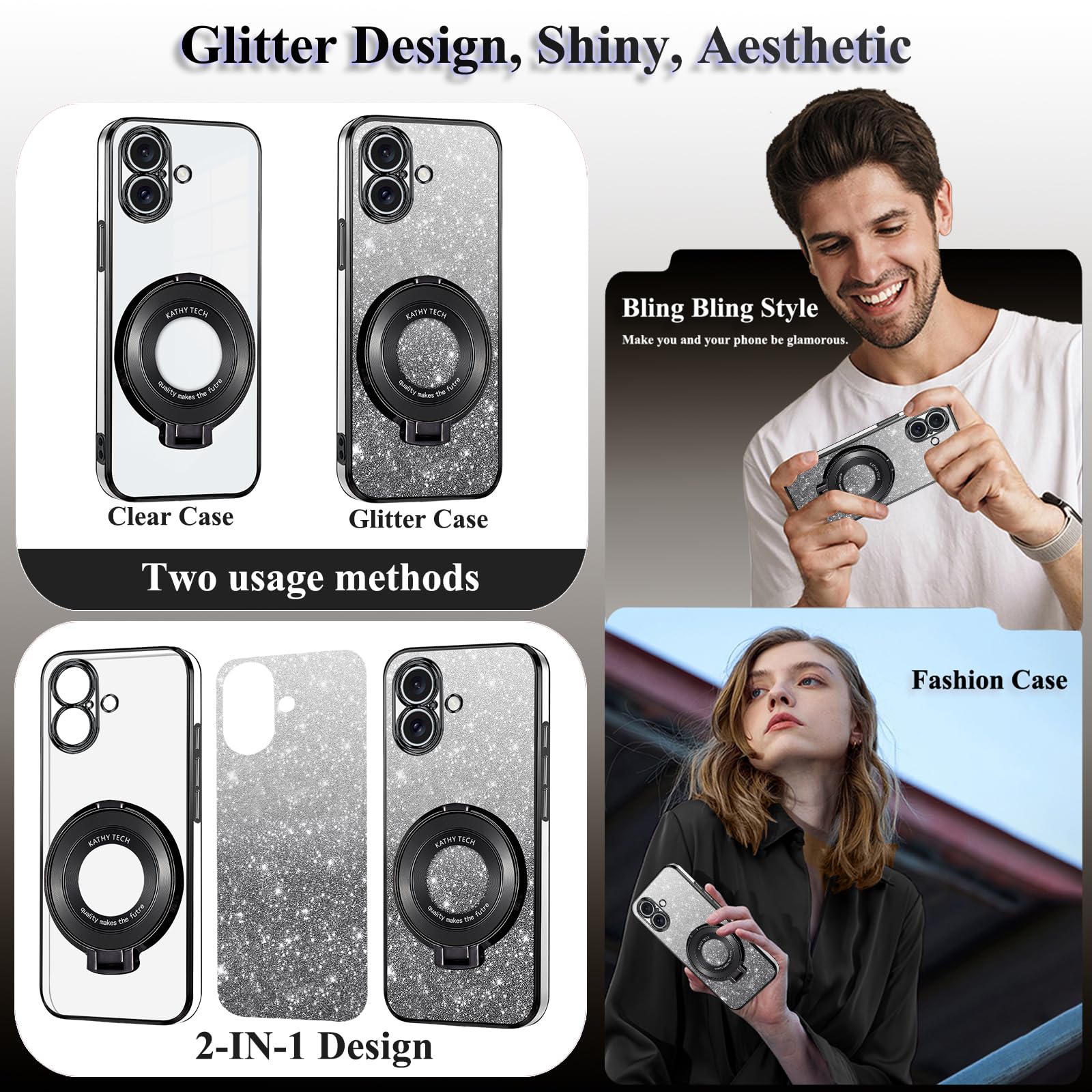 Kainevy for iPhone 16 Plus Case Clear Glitter Compatible with MagSafe with Stand Magnetic Ring Holder Cover iPhone 16 Plus Phone Case Silicone Shockproof Slim Cute Sparkle (Black) - Image 2