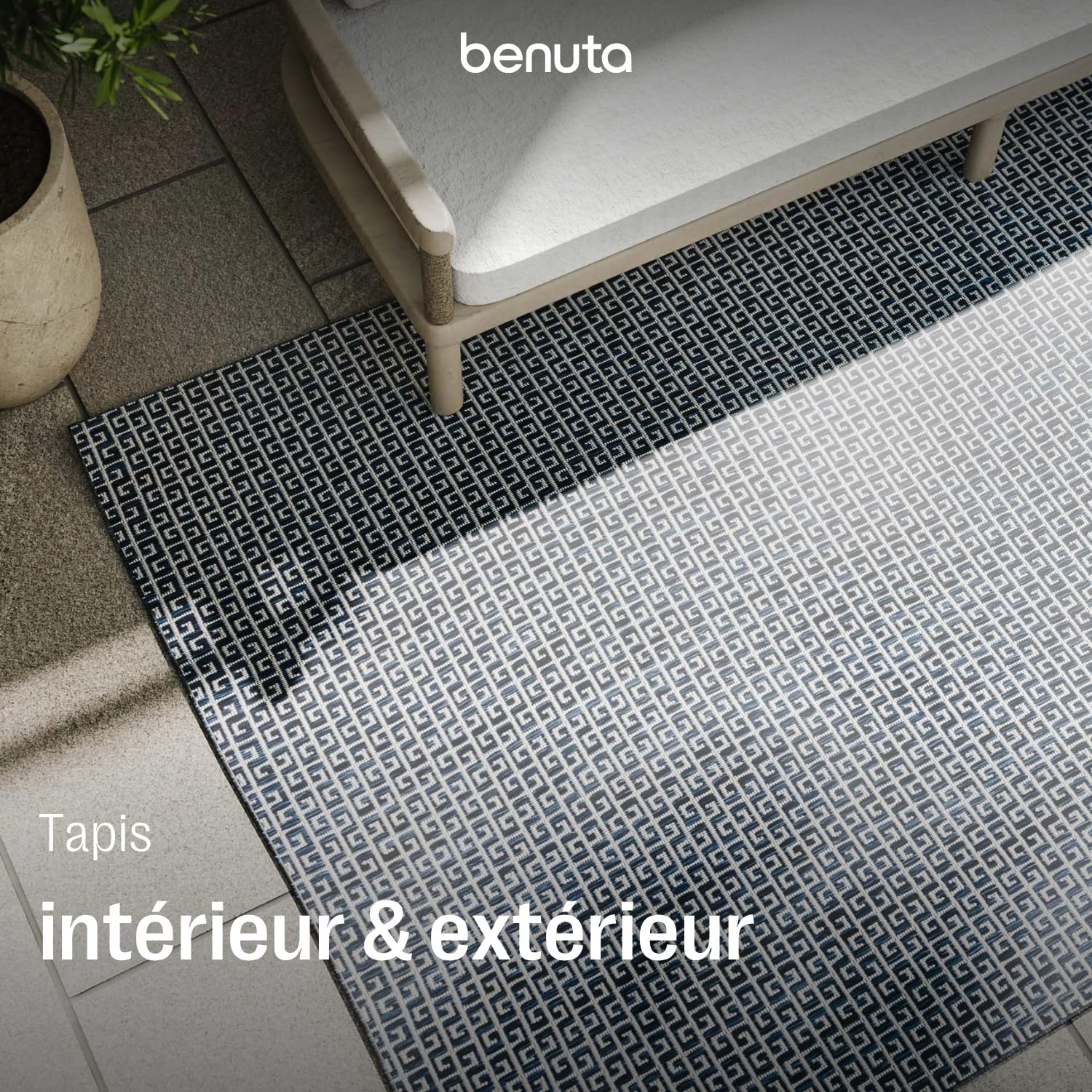 benuta Basic Tapis Exterieur Lou - Bleu 160x230 cm - Intempéries et UV résistant - Multifonction Balcon, terrasse, Jardin - Cuisine, Salon, Couloir, Salle à Manger - Entretien Facile