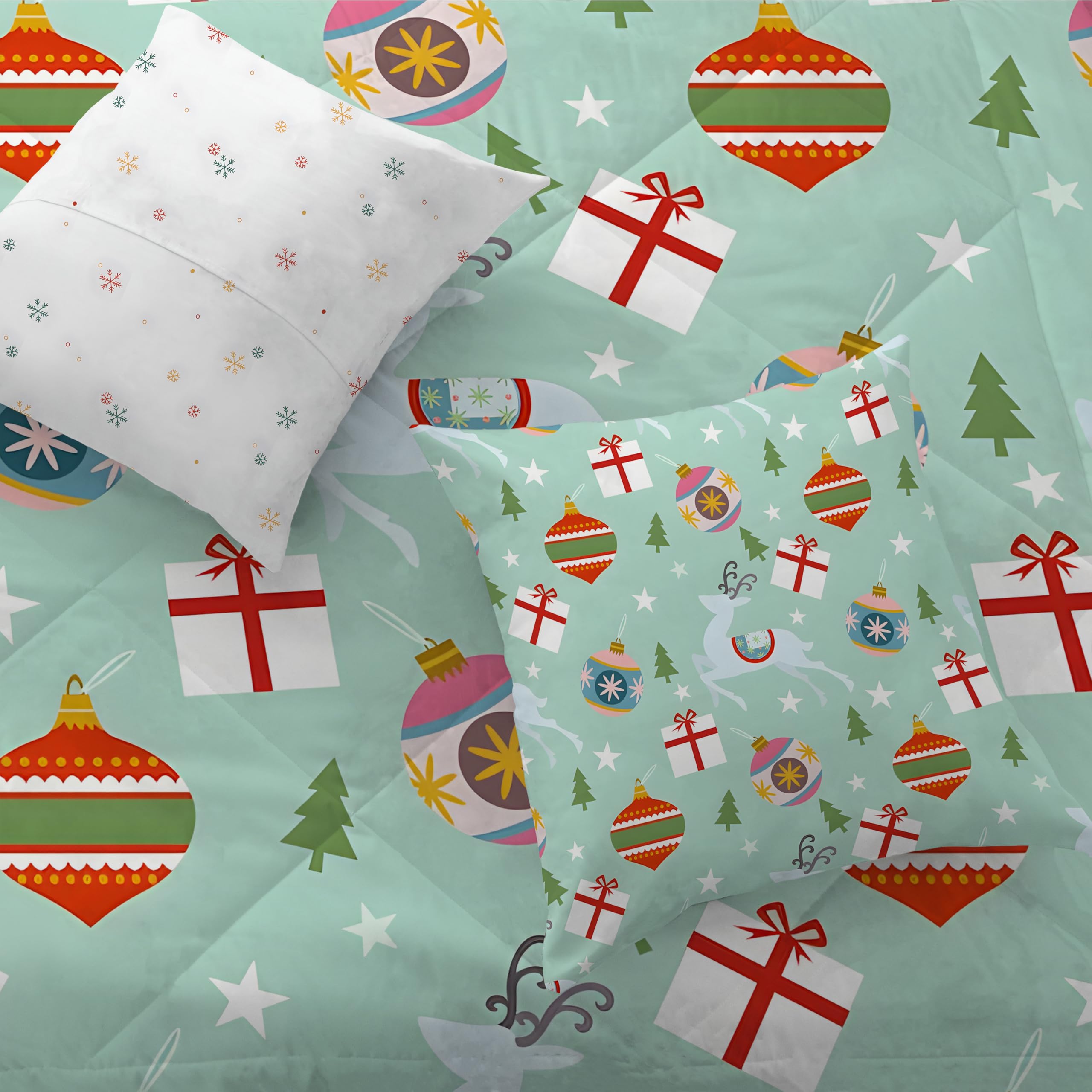 Couette 140x200 Enfant Renne Lumineux, Couette Imprimée 4 Saisons pour Lit 1 Personnes - Duvet Réversible et Chaud Sapin de Noël, Édredon sans Housse et 2 Taie d'oreiller 65x65 cm, Campagne