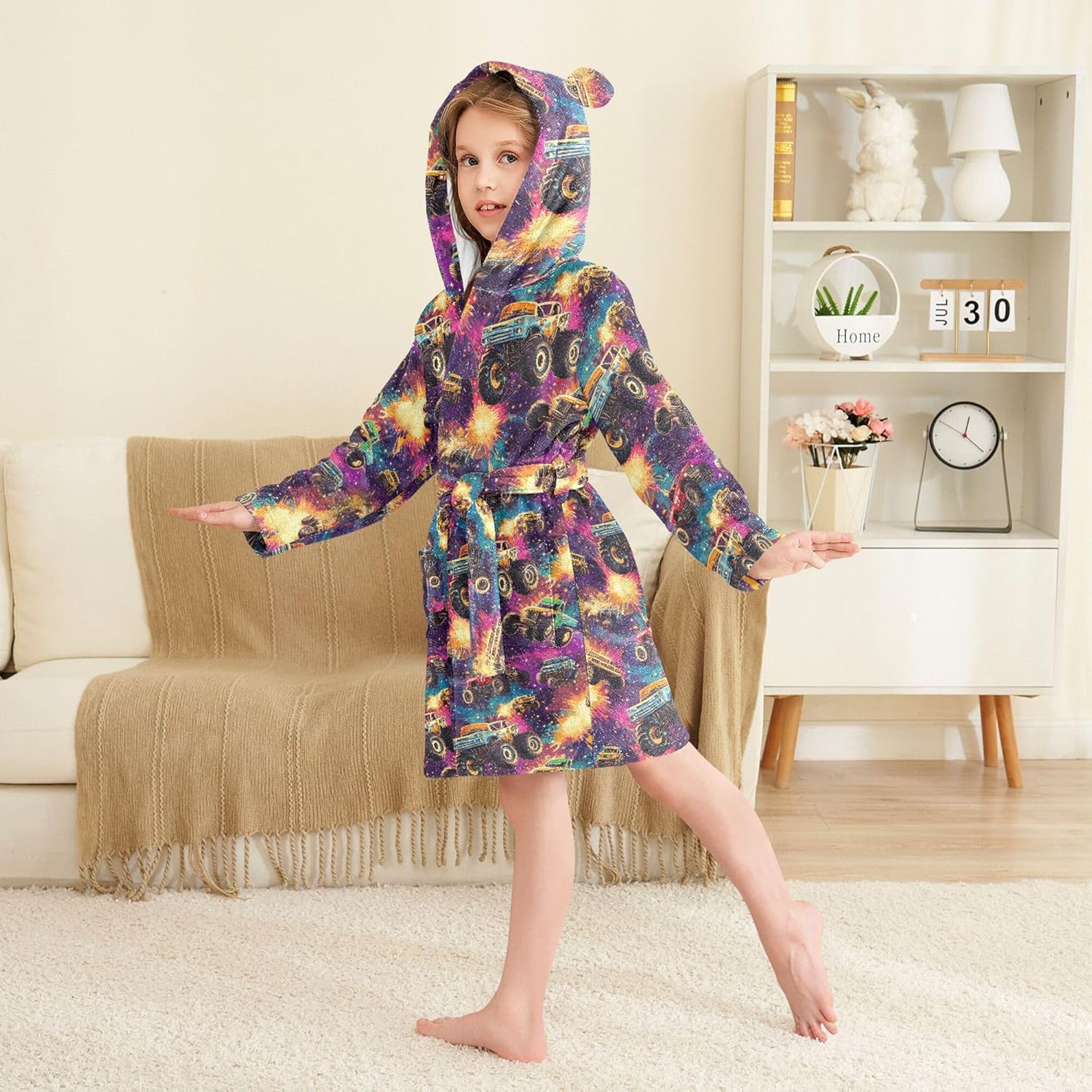 Monster Truck Cars Galaxy Retro Bathrobe Hooded PJ Robe Soft Fleece Robe Sleepwear 2-12 Years