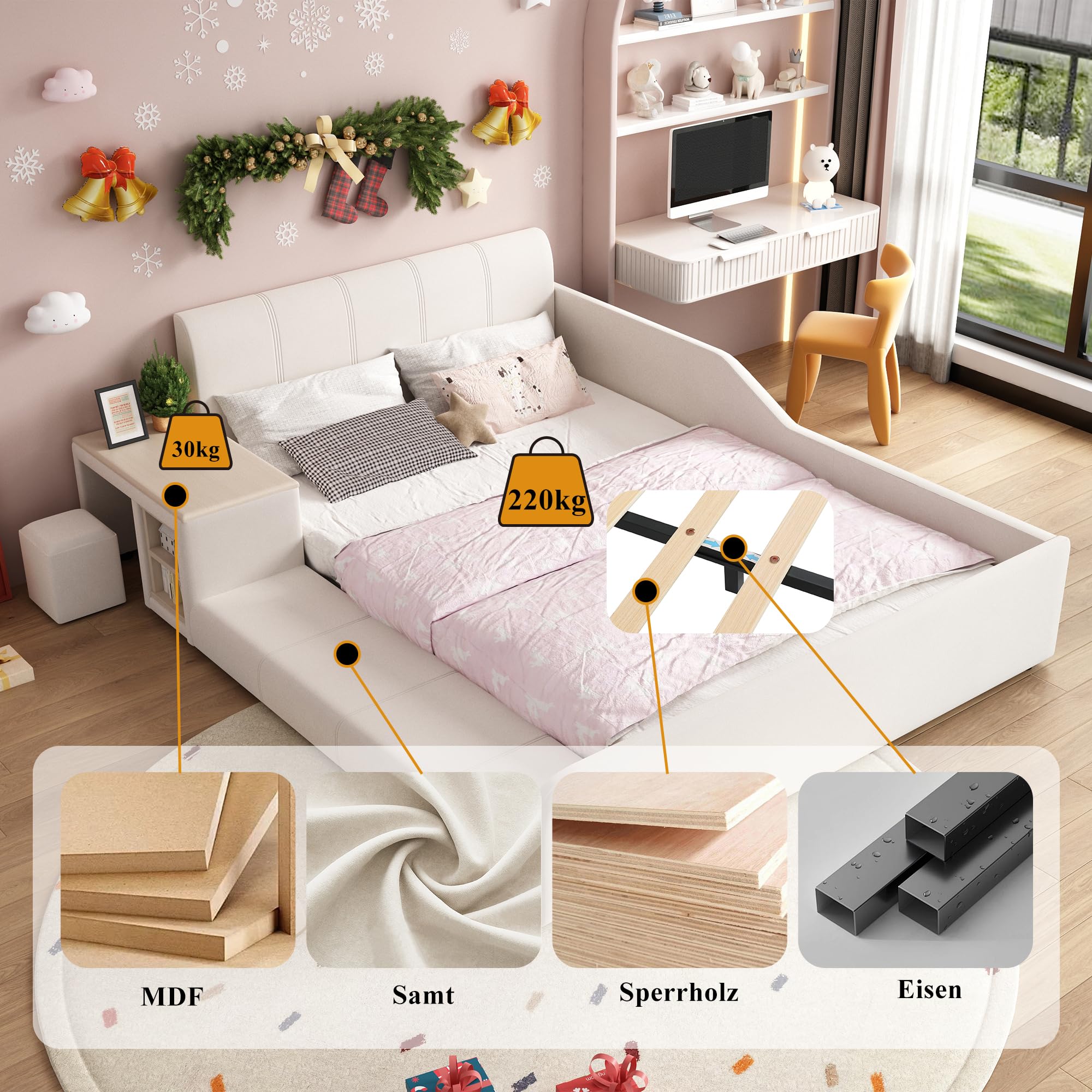 Cama tapizada con escritorio infantil y taburete, con estante, cabecero suave, cama infantil con listones de madera, terciopelo, blanco, 140 x 200 cm