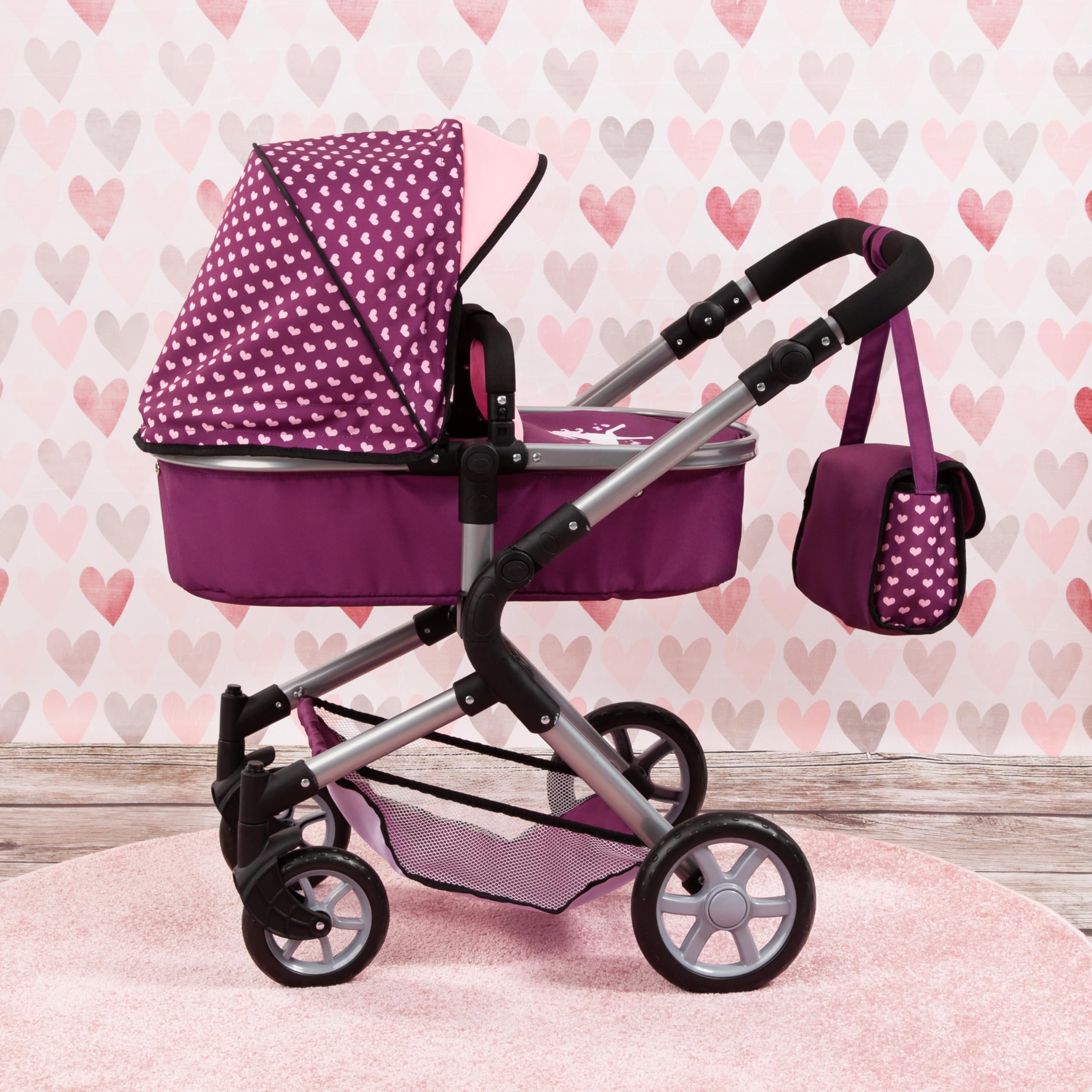 Bayer Design 18137AA City Neo Kombi Puppenwagen mit Wickeltasche, umwandelbar in einen Sportwagen, höhenverstellbar, faltbar, Pflaume, rosa, Einhorn, 52cm