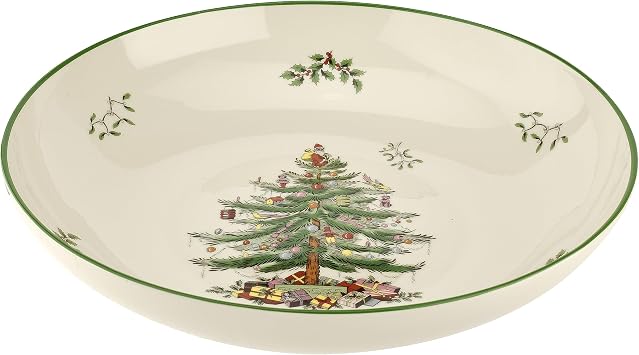 Spode Christmas Tree Pasta Bowl - Large 13-Inch Serving Bowl, Dishwasher, Microwave & Freezer Safe, Fine Porcelain, Holiday Tableware, Festive Dinnerware & Kitchenware, Green/Beige