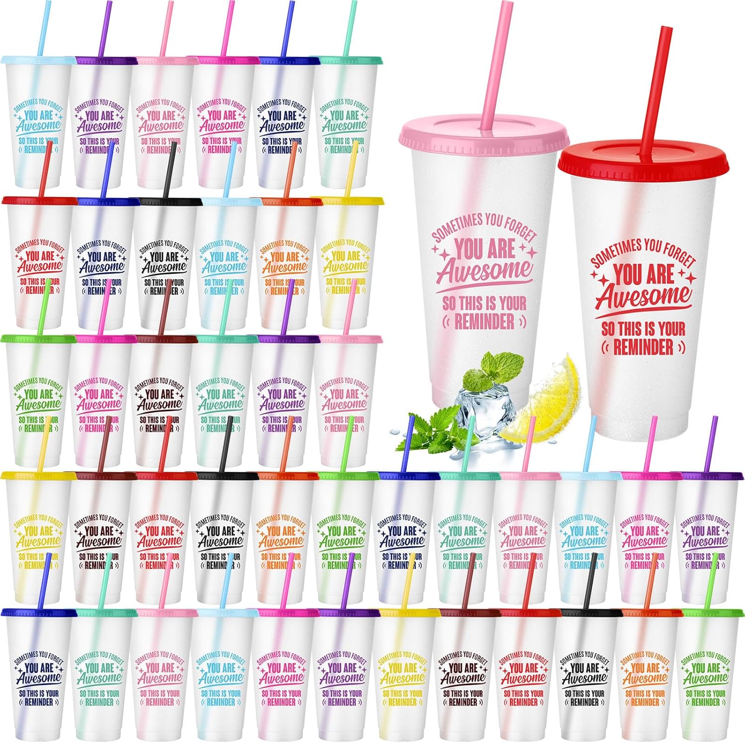 Inbagi 100 Pack Thank You Gift You Are Awesome Cup Bulk Employee Appreciation Gift 24 oz Plastic Tumbler with Lids and Straw Inspirational Tumbler for Women Social Worker Dental Assistant Teacher