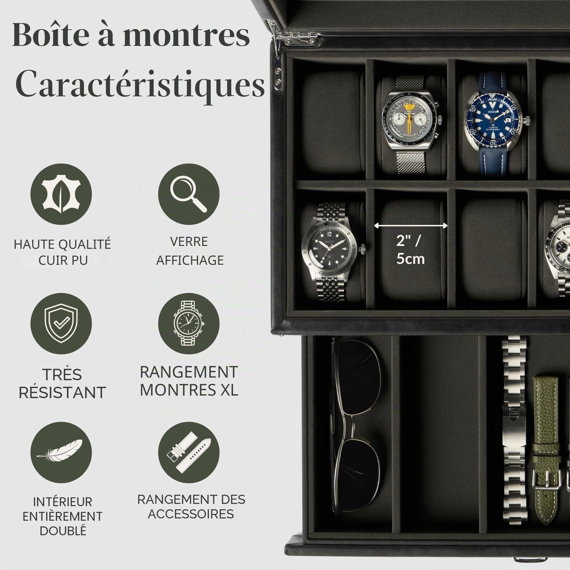 TAWBURY Boîte à montres à 12 emplacements avec tiroir de rangement – Boîte à montres en cuir synthétique noir de qualité supérieure pour homme | Ouverture facile d'une main, intérieur en velours