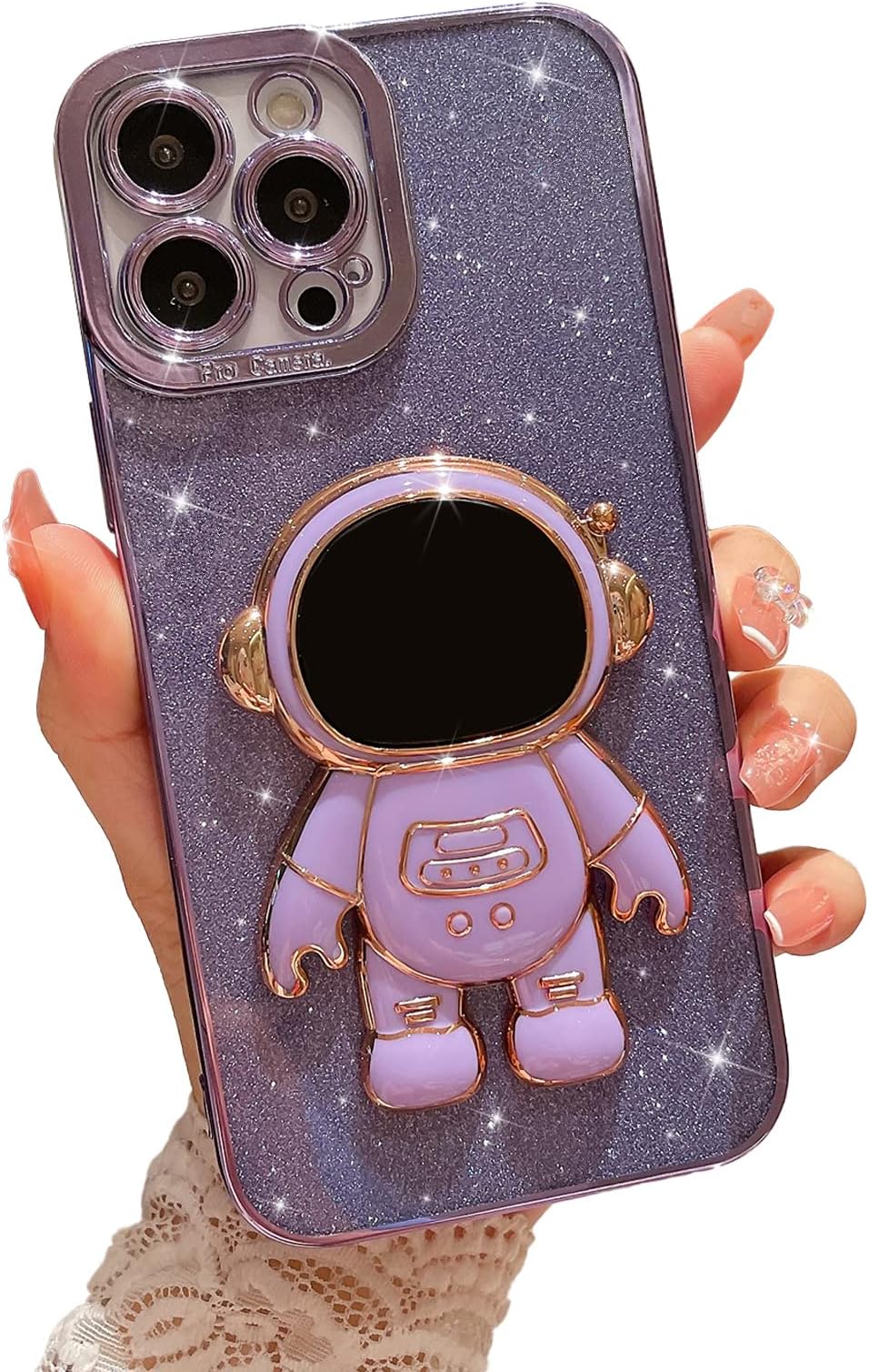 MGQILING Compatible for iPhone 13 Pro Max 6.7 Inch Bling Plating Astronaut Hidden Stand Case, Cute 6D Stand Glitter Phone Case for Women Girls Soft TPU Shockproof Back Cover - Purple