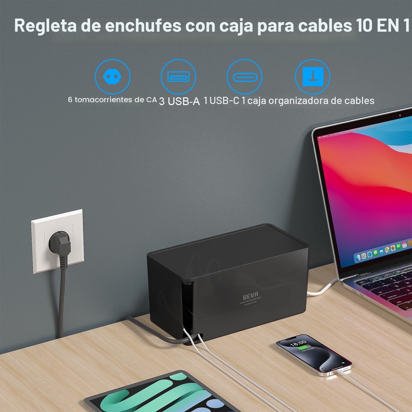 Regleta Enchufe con Caja Organizadora de Cables, BEVA Caja para Cables | Regleta Multiple con 3 USB-A y 1 USB-C, Regleta Protección Sobretensiones, 2M Cable, 3680W, Negro