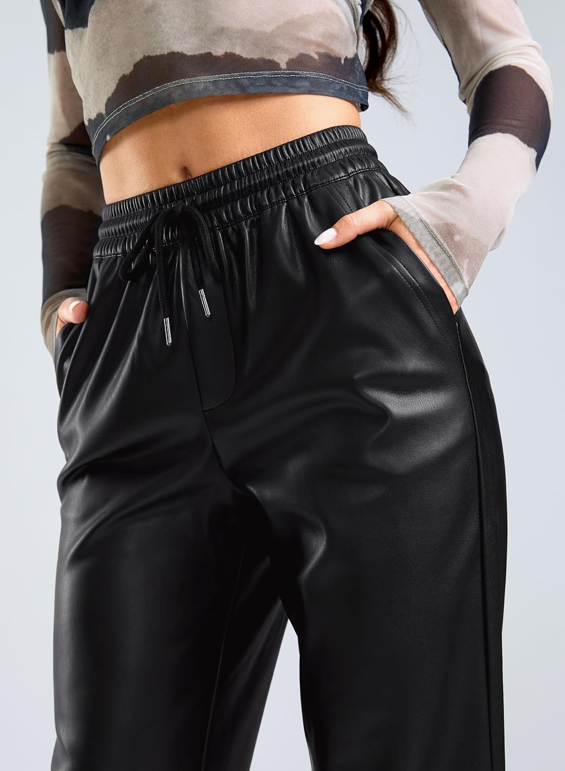 SANTINY Women's Faux Leather Pants High Waisted Straight Leg Cropped Ankle Trousers Vegan Matte Pleather Pants for Women - Image 5