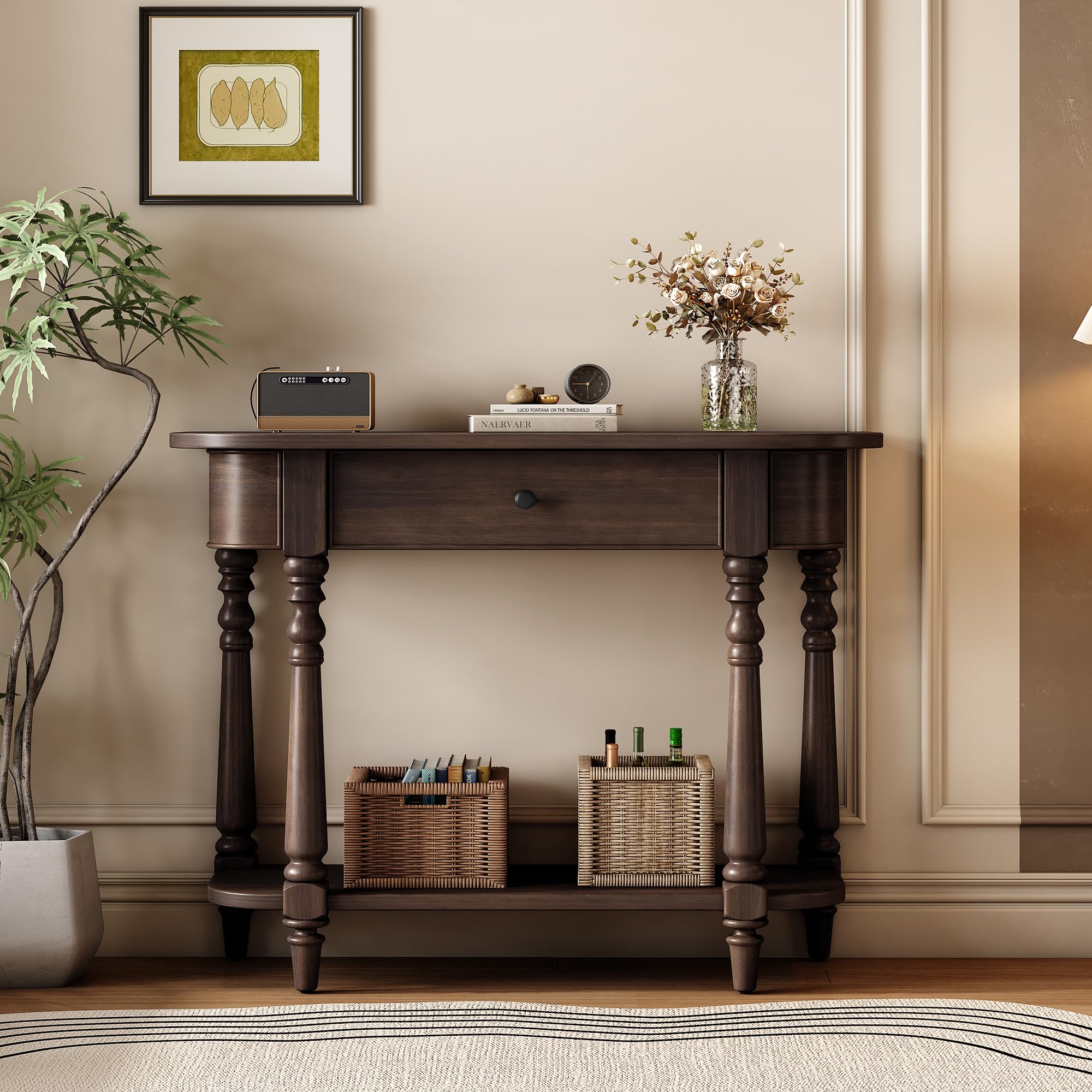 Retro Corner-Curved Console Table with Top Drawer and Open Shelf, 36'' Wood Accent Entryway Table Sofa Table for Entrance Living Room (Espresso-CVC)