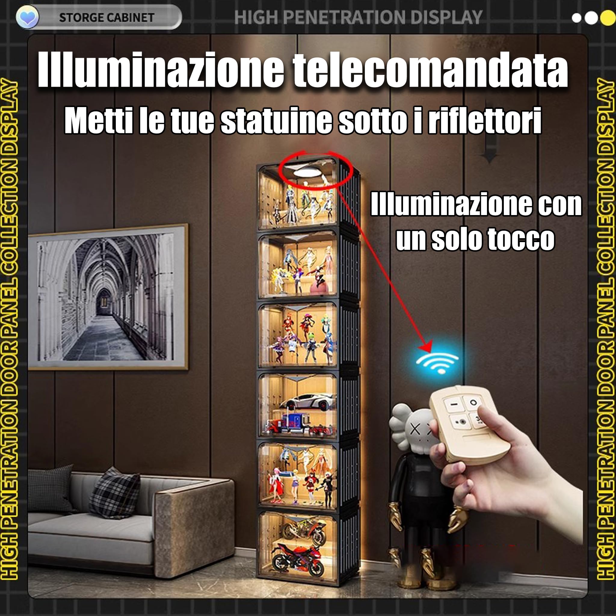 Vetrina Espositiva Per Collezionismo,Vetrina Espositiva Con Led Da Terra[6 Piano/Lampada Telecomandata/Sigillata E Antipolvere] Per Giocattoli Da Collezione, Libreria Per Casa, Sala Giochi