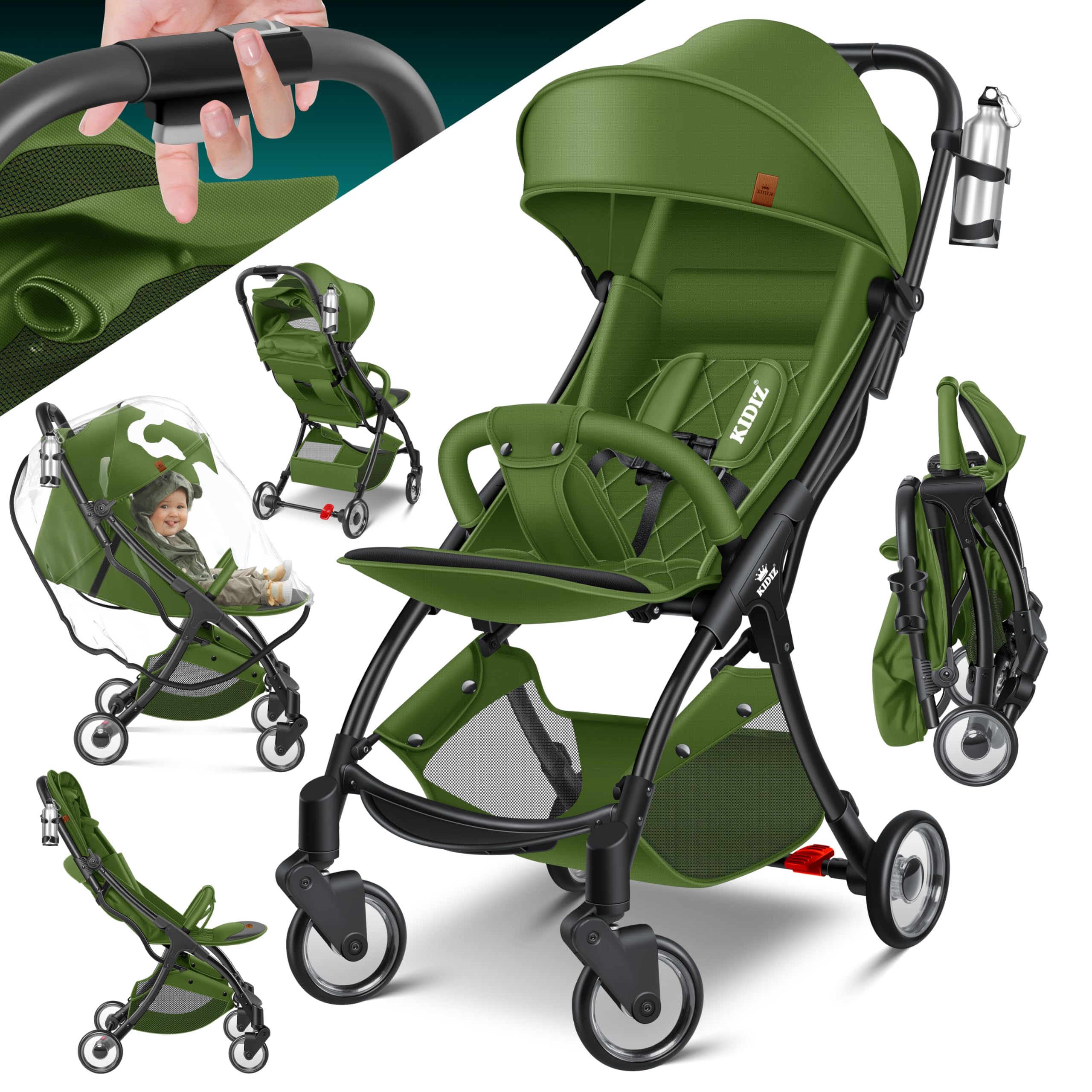 KIDIZ® Kinderwagen Premium Kinderbuggy klappbar Liegebuggy Sportwagen Faltbar 360°Räder 5-Punkt Gurt Inkl. Getränkehalter & Regenabdeckung, verstellbare Rückenlehne & Sonnenverdeck Khaki