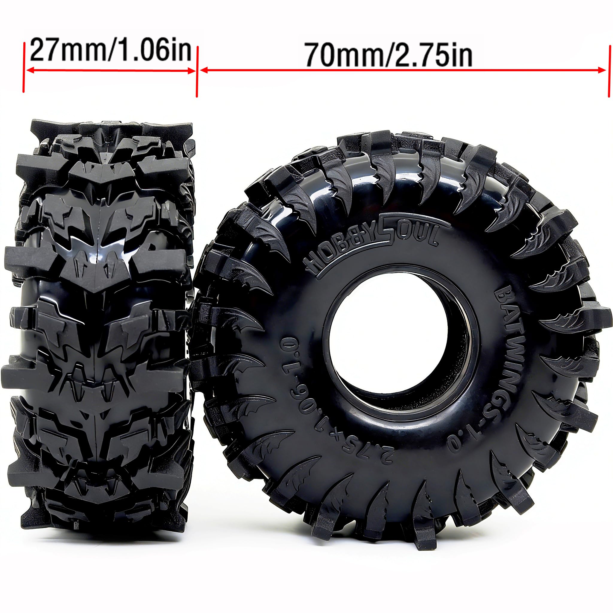 HOBBYSOUL 1.0 Tires - 70 * 27mm Tall Batwings Super Soft Sticky mud Tyre for RC Crawler 1/24 SCX24 1/18 TRX4M Upgrades - 2