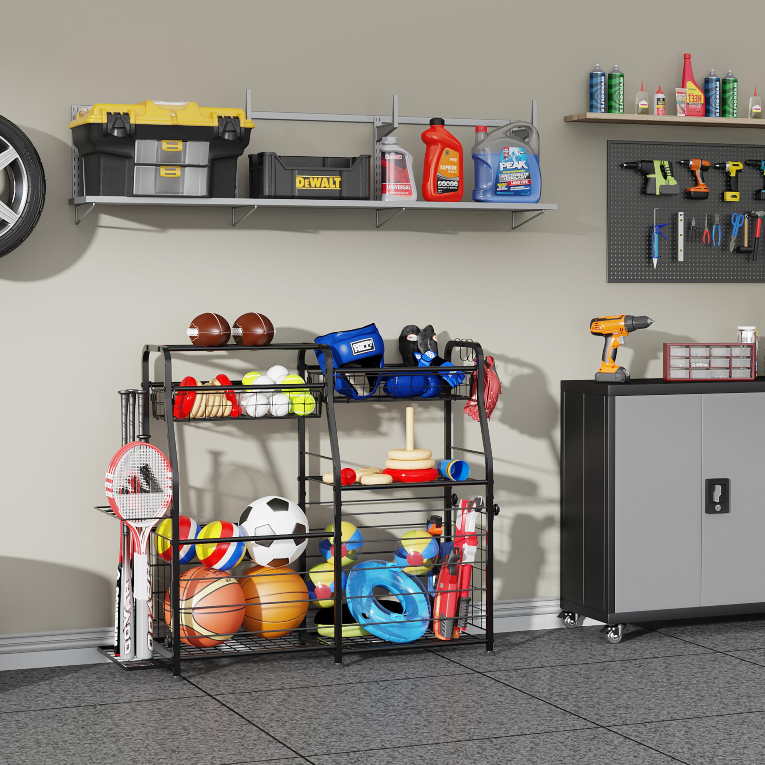 Garage Sportgeräte Organizer, Ballaufbewahrungsregal, Garagen-Organizer-System, Indoor/Outdoor-Sportregal, Sportausrüstung, Aufbewahrung für Basketbälle, Fußball, Volleyball, schwarz