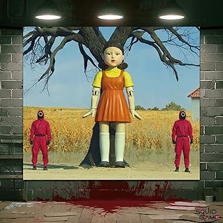 Horror Survival Game Theme Party Backdrop, Halloween Party Decor Background Photo Booth Props, Squid Theme Tapestry Birthday Party Banner Table Cloth(Bright)