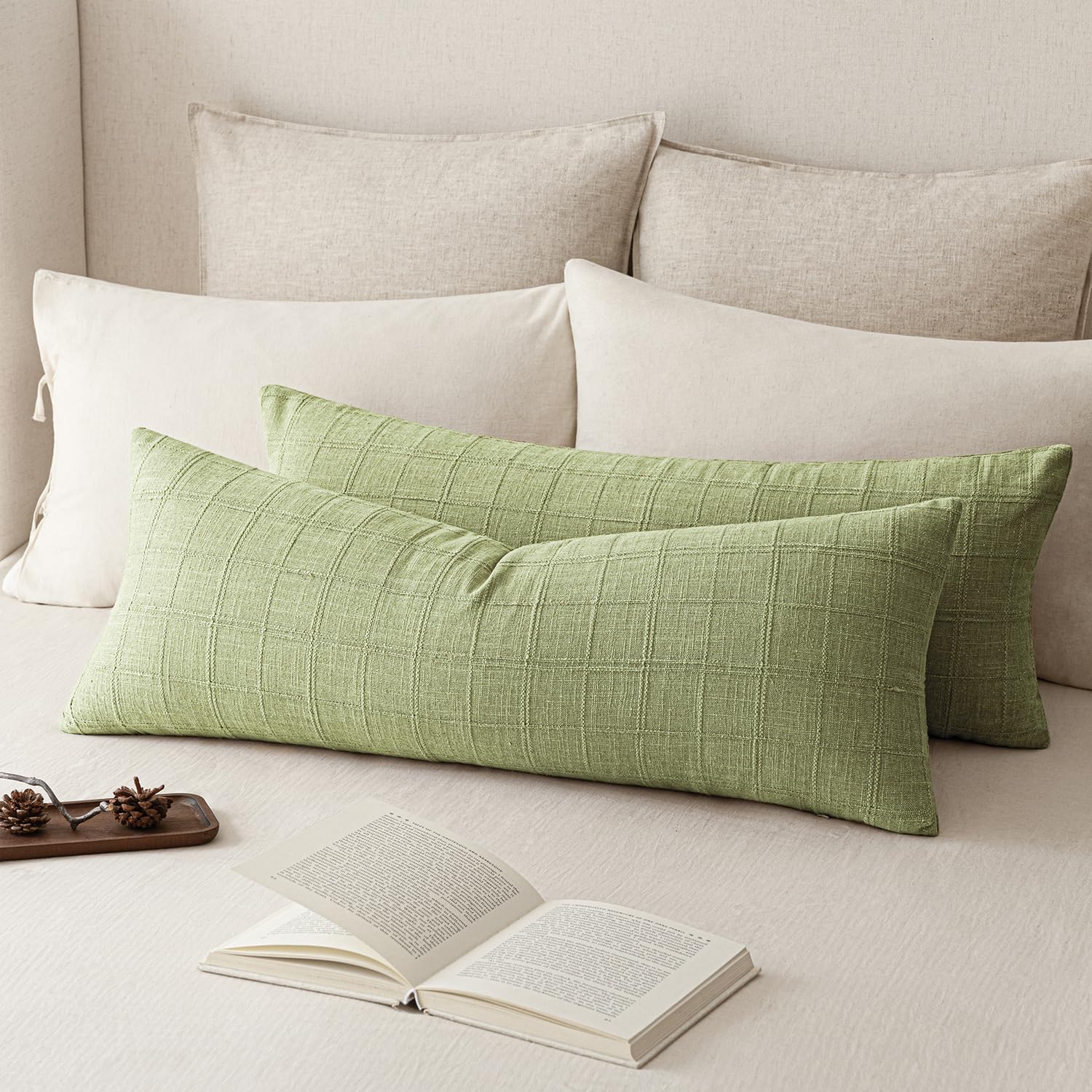 Foindtower Long Linen Check Lumbar Throw Pillow Cover 14×36 Cream White