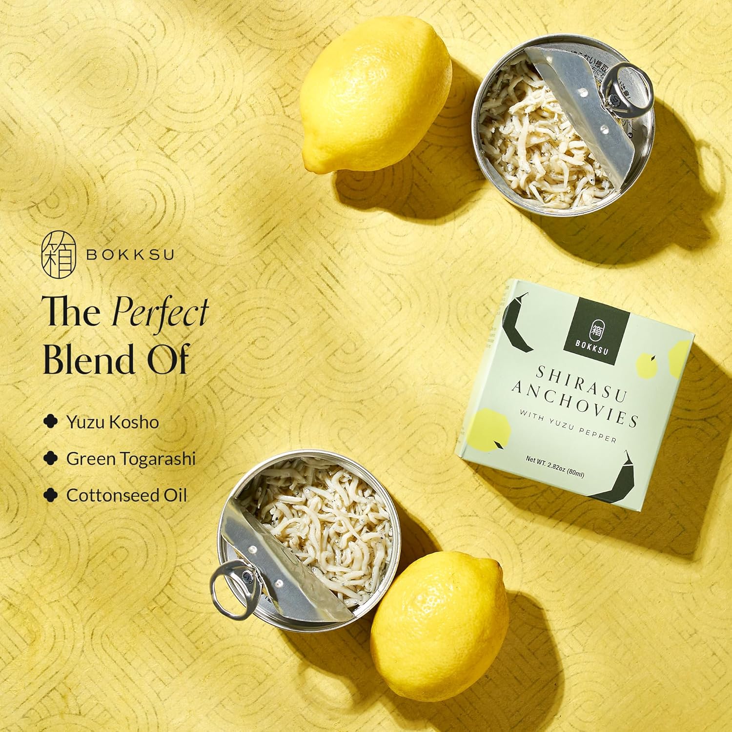 Bokksu Tinned Shirasu Anchovies with Yuzu Pepper (4-Pack) - Authentic Japanese Spicy and Zesty Canned Anchovies for Vegetable & Tofu Dishes, Onigiri, Rice, Pizza, and More