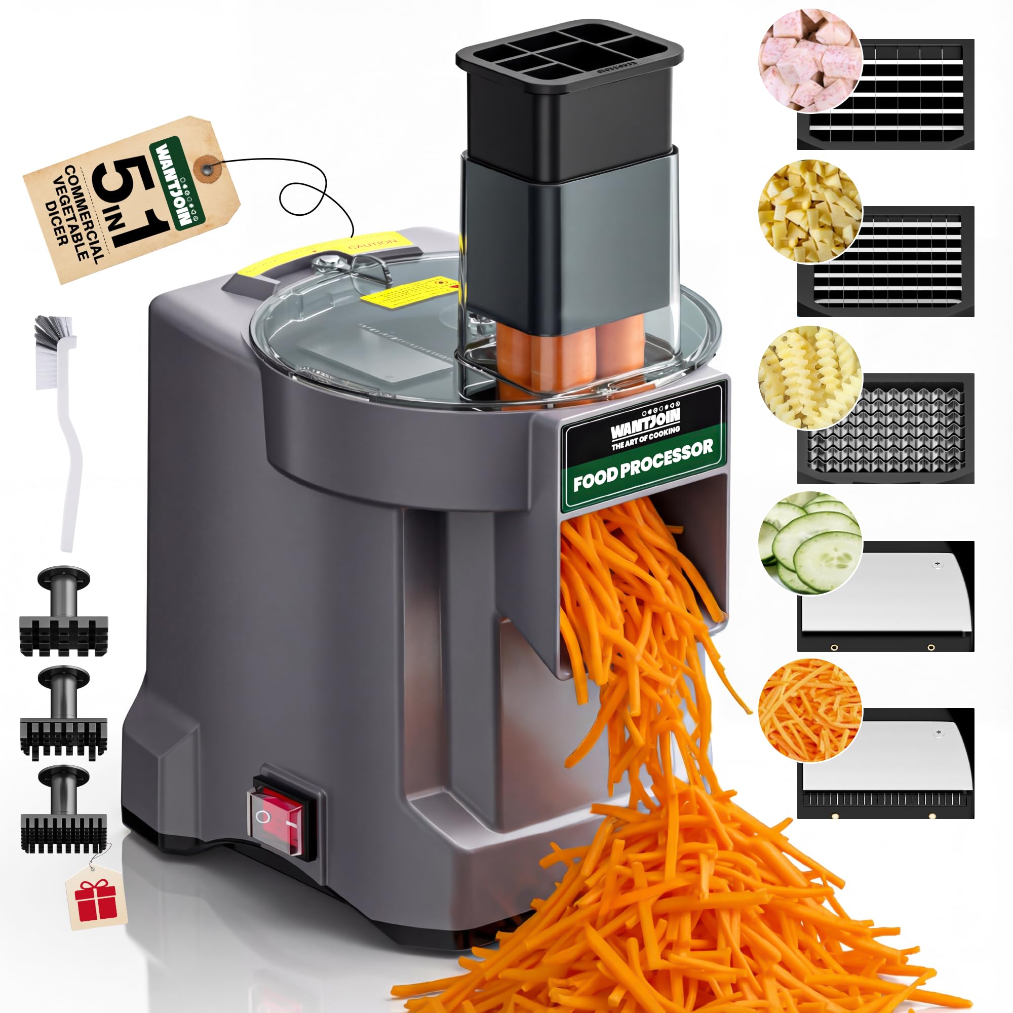 WantJoin 5 in 1 Electric Vegetable Chopper - Multifunctional Commercial Food Processor with Stainless Steel Blades for Slicing(2.5mm), Dicing(8/12mm),