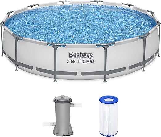 Bestway Steel Pro MAX 12 Foot by 30 Inch Round Above Ground Swimming Pool Set Outdoor Metal Frame Family Pool with Filter Pump, Gray