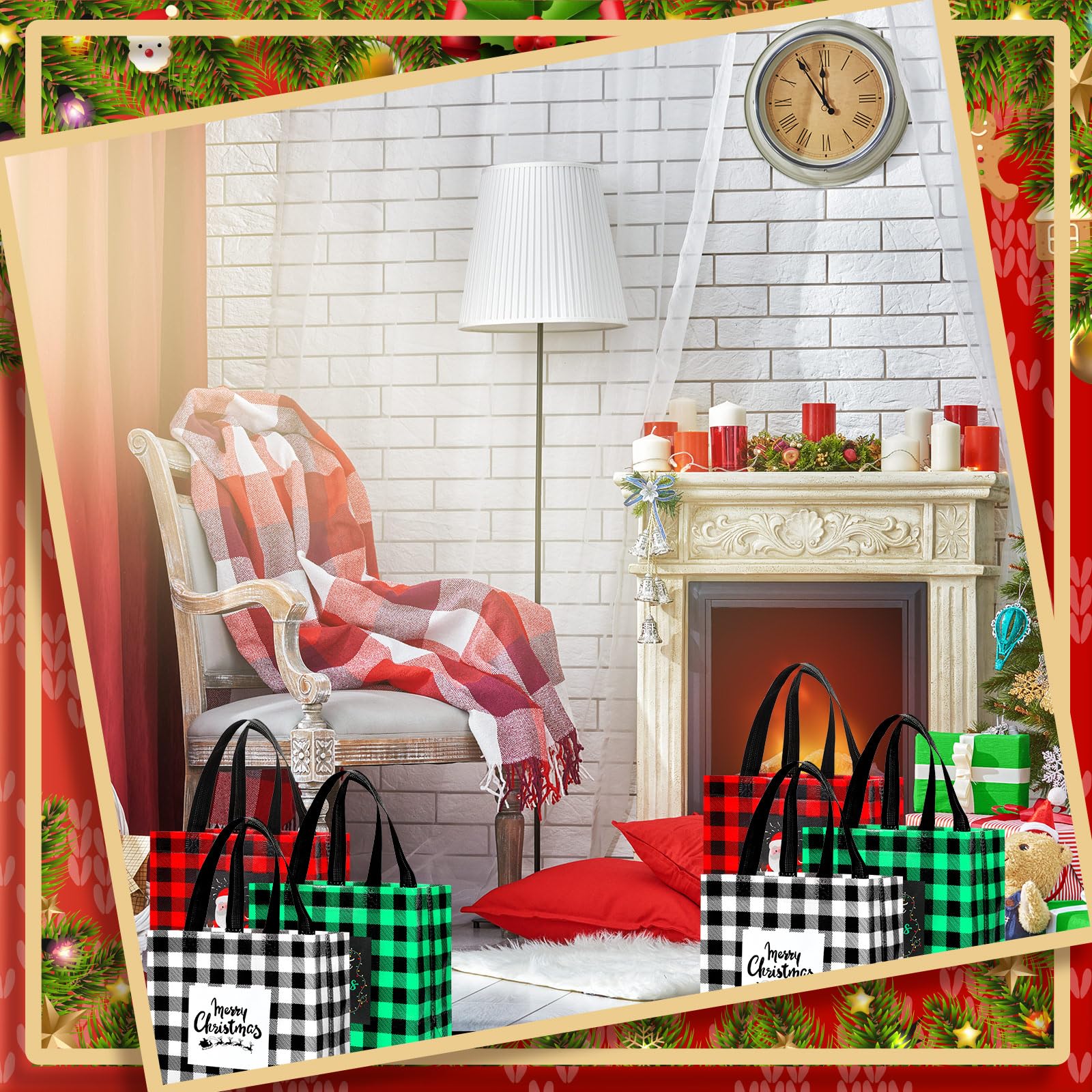 Silkfly 36 Stück gemischte Größen Weihnachten Geschenktüten Weihnachten Tragetaschen Vlies Büffel Plaid Wiederverwendbare Taschen mit Griffen Weihnachtstüten Xmas Lebensmittel Einkaufen Geschenkpapier