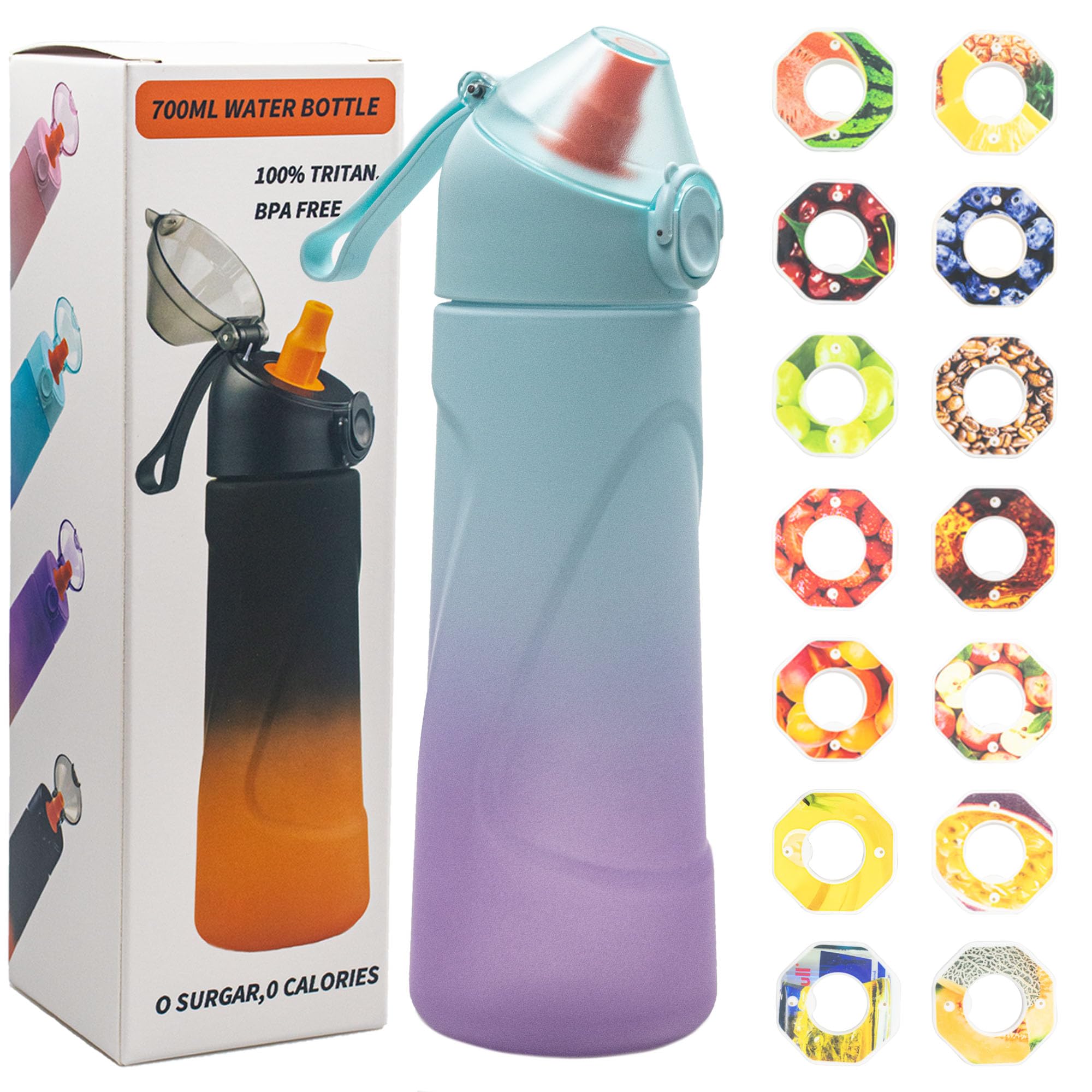 Air Scented Water Bottle with 14 Flavour Pods for Men Women,700ml Sports Water Bottle BPA Free 0 Sugar with Straw for Fitness Travelling Hiking,Driving,Cycling (Pink & Blue + 14 Pods) (Blue & Purple)