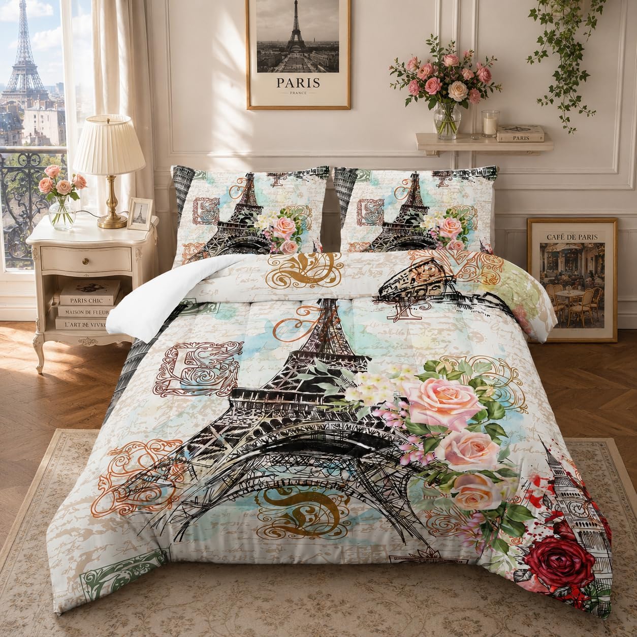 Nttopship Romantic Eiffel Tower Comforter Set Queen Size for Adults 3Pcs,Retro Style Eiffel and Flowers Bedding Set Soft Comfoter for All Season
