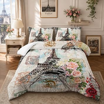 Nttopship Romantic Eiffel Tower Comforter Set Full Size for Adults 3Pcs,Retro Style Eiffel and Flowers Bedding Set Soft Comfoter for All Season