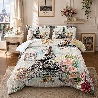 Nttopship Romantic Eiffel Tower Comforter Set Full Size for Adults 3Pcs,...