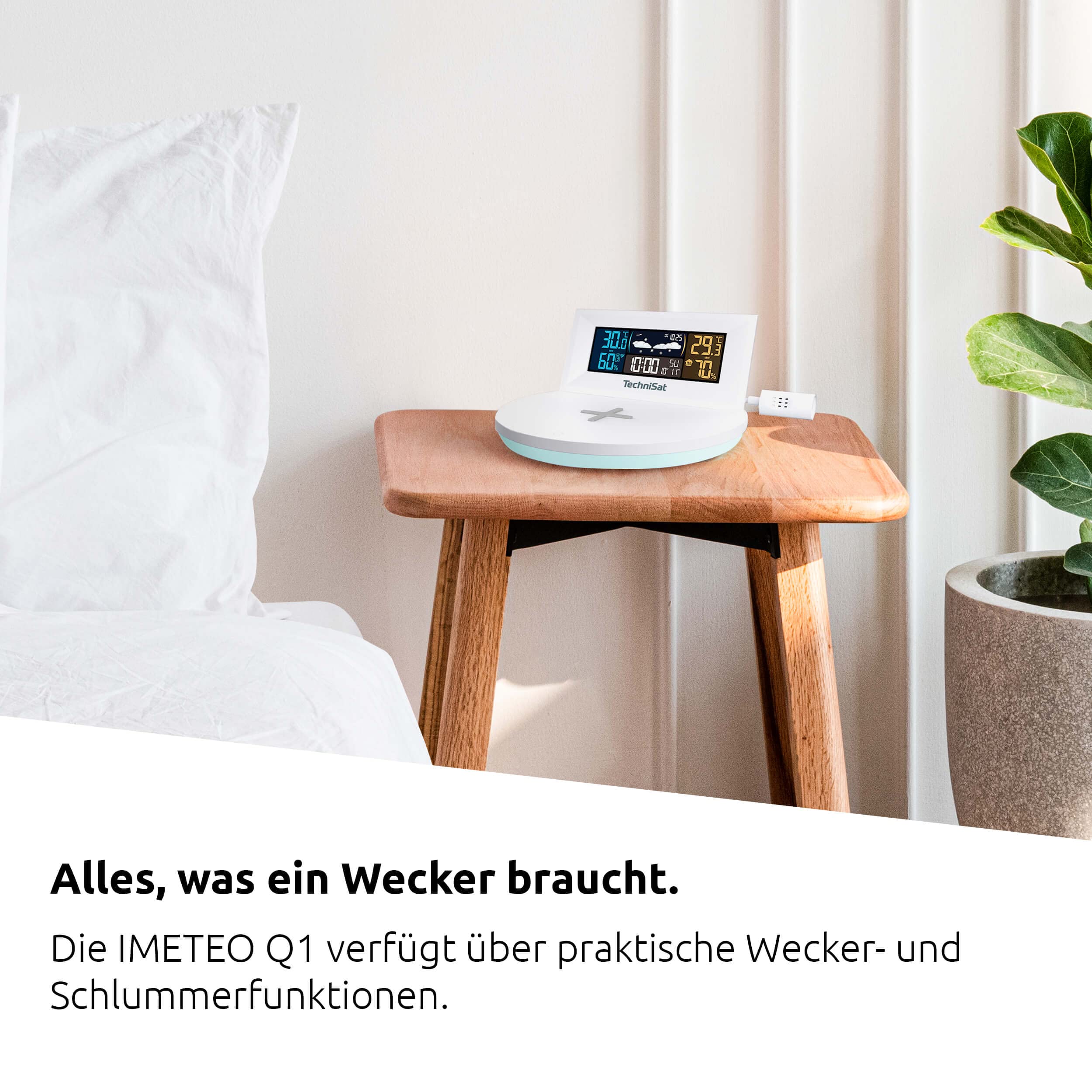 TechniSat IMETEO Q1- Wetterstation mit Außensensor (Messung von Temperatur, Luftfeuchtigkeit, Druck, Wireless Charging, LED Stimmungslicht, Alarm und Snooze-Funktion, USB oder Batteriebetrieb) weiß