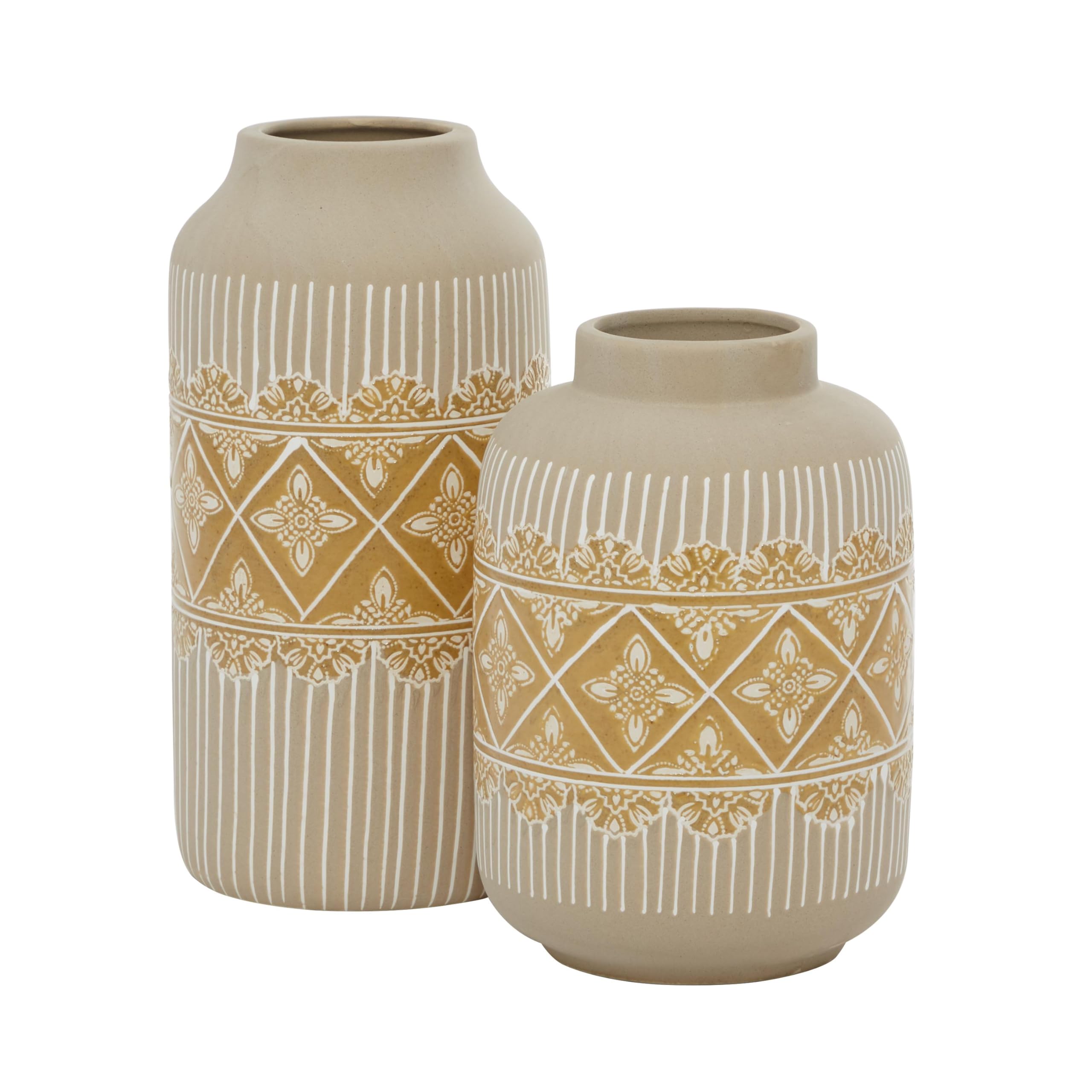 Deco 79 Ceramic Floral Handmade Vase with Diamond Pattern, Set of 2 9", 11" H, Beige