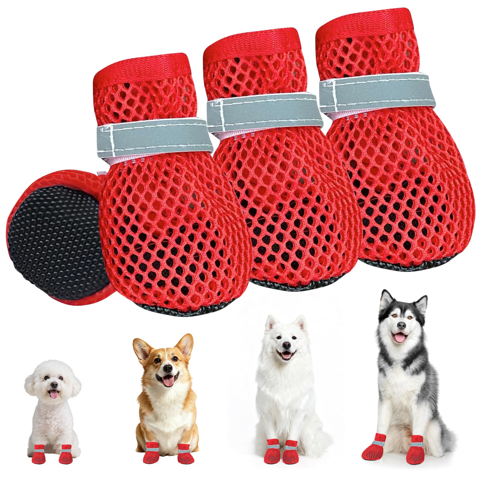 4 PCS Scarpe Estive per Cani, Scarpe Cani Antiscivolo, Stivali Estivi per Cane, Traspirante E Confortevole, Adatto Sia per Uso Interno Che Esterno Durante L'Estate/Rosso S