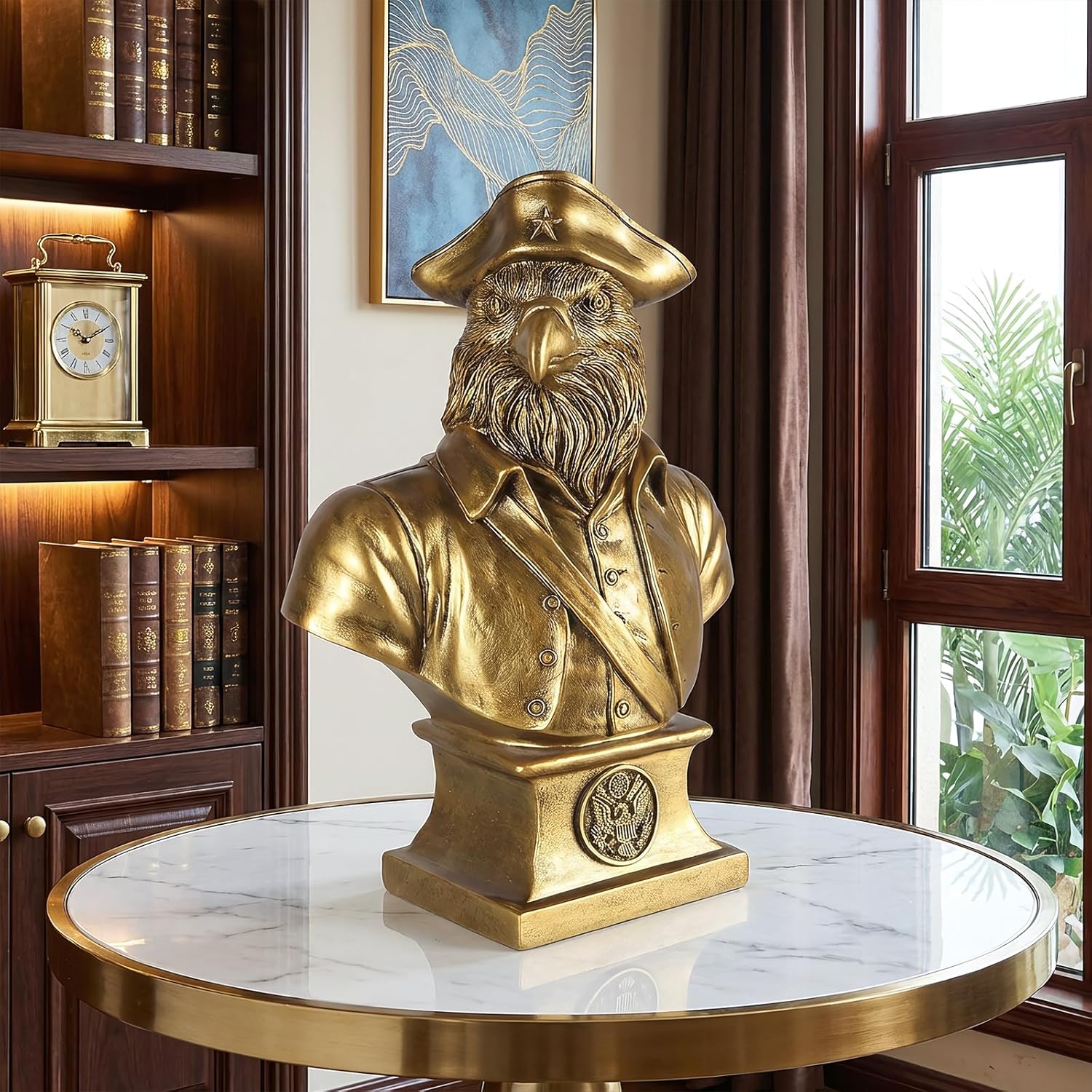 Gold American Eagle Statue - Patriotic Marine Military Officer Bust Figurine with USA Seal Base - Vintage Resin Sculpture for Home Office Desk, Bookshelf, Library Decor - Gifts for Veterans