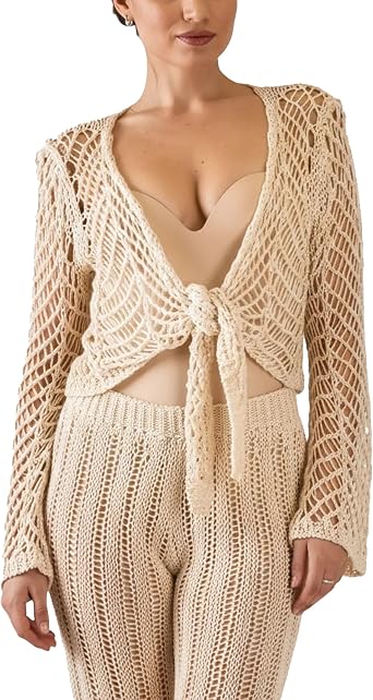 Kumufenc Beach Cover Up for Womens Summer Fashion Crochet Long Sleeve Swim Bathing Suit Covers Up