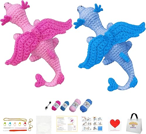 LuNuaFvy Kit de ganchillo para principiantes kit de animales de ganchillo para adultos, kit de inicio de ganchillo y tejido de 2 dragones con hilo