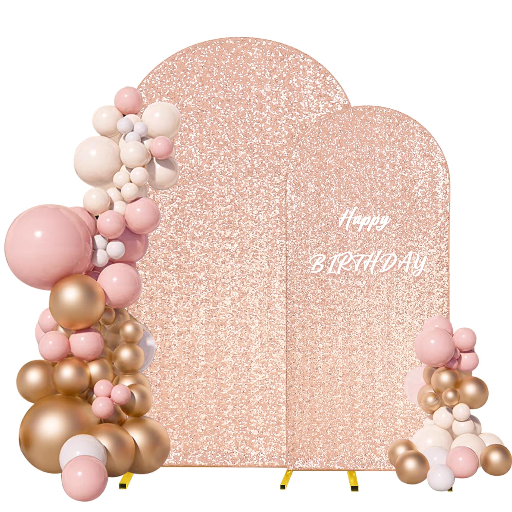 Set of 2 Sequin Wedding Arch Stand Cover 2-Sided Round Top Spandex Fitted Bling Arch Backdrop Cover Chiara Arch Stand Cover Birthday Party Baby Shower Wedding Arch Decor?7.2FT, 6FT, Rose Gold?