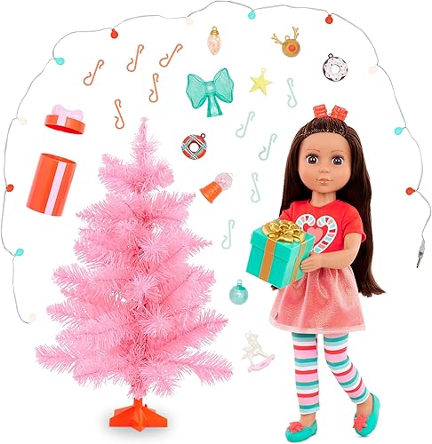 Glitter Girls Juego de muñecas posables de 14 pulgadas - Cabello castaño y ojos marrones - Árbol de Navidad, adornos y atuendo de vacaciones -