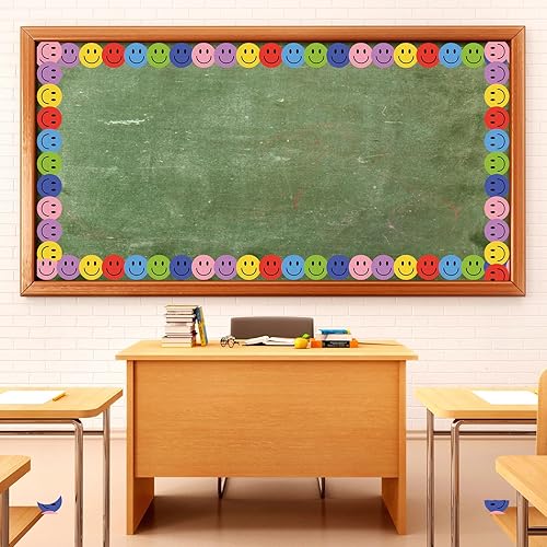 Miniatura 5 de AnyDesign - Rollo de 32.8 pies para tablón de anuncios, diseño de cara feliz, diseño motivacional con sonrisa troquelada, para aula, pizarra y